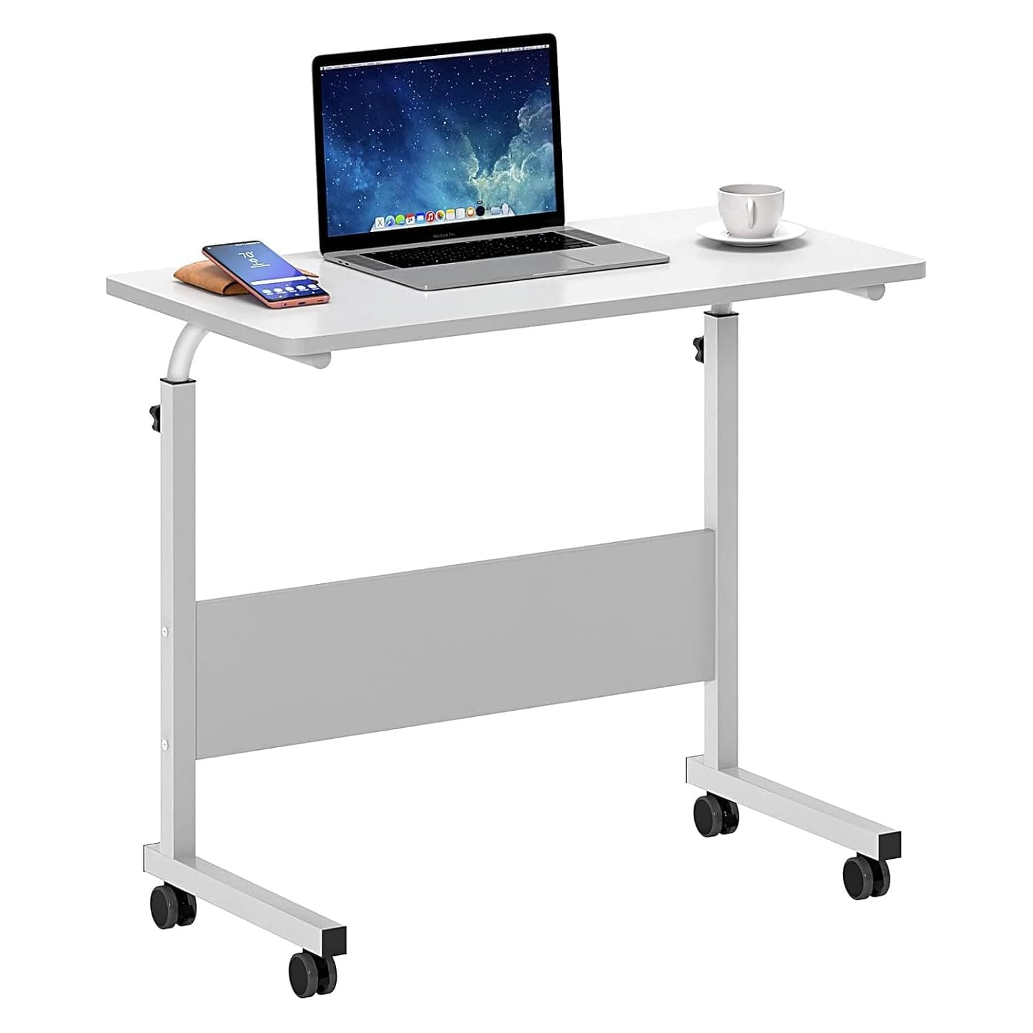Mobile Stand Up Desk，Laptop Desks Adjustable Height， Home Office Up Table with Wheels Double Layer Storage Computer Workstations (White(60 * 40) cm)