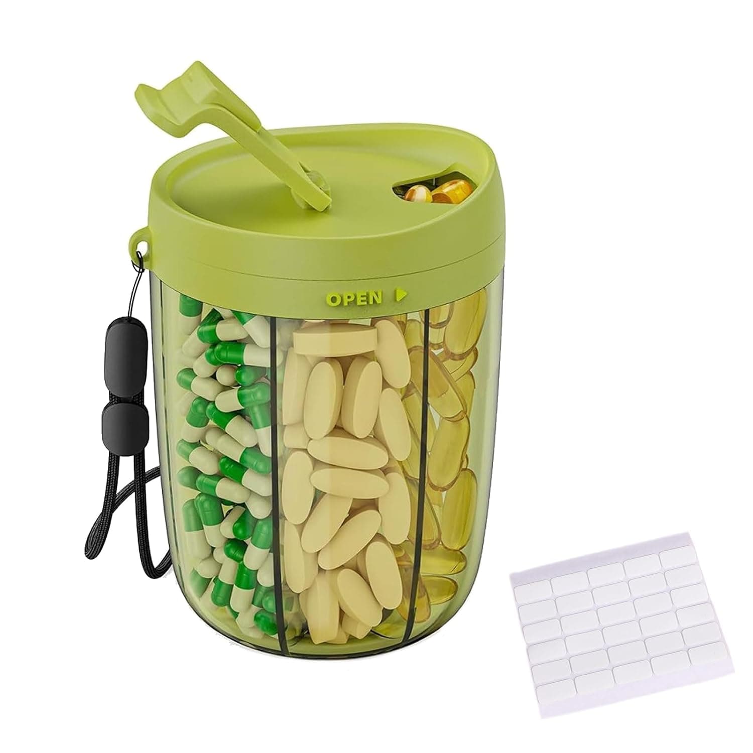 6-Compartment Supplement Organizer Bottle, Large Pill Box with Anti-Mixing Design, Wide Opening Pill Dispenser, Portable Travel Pill Case for Vitamins, Fish Oil, with Stick-on Labels (Green)