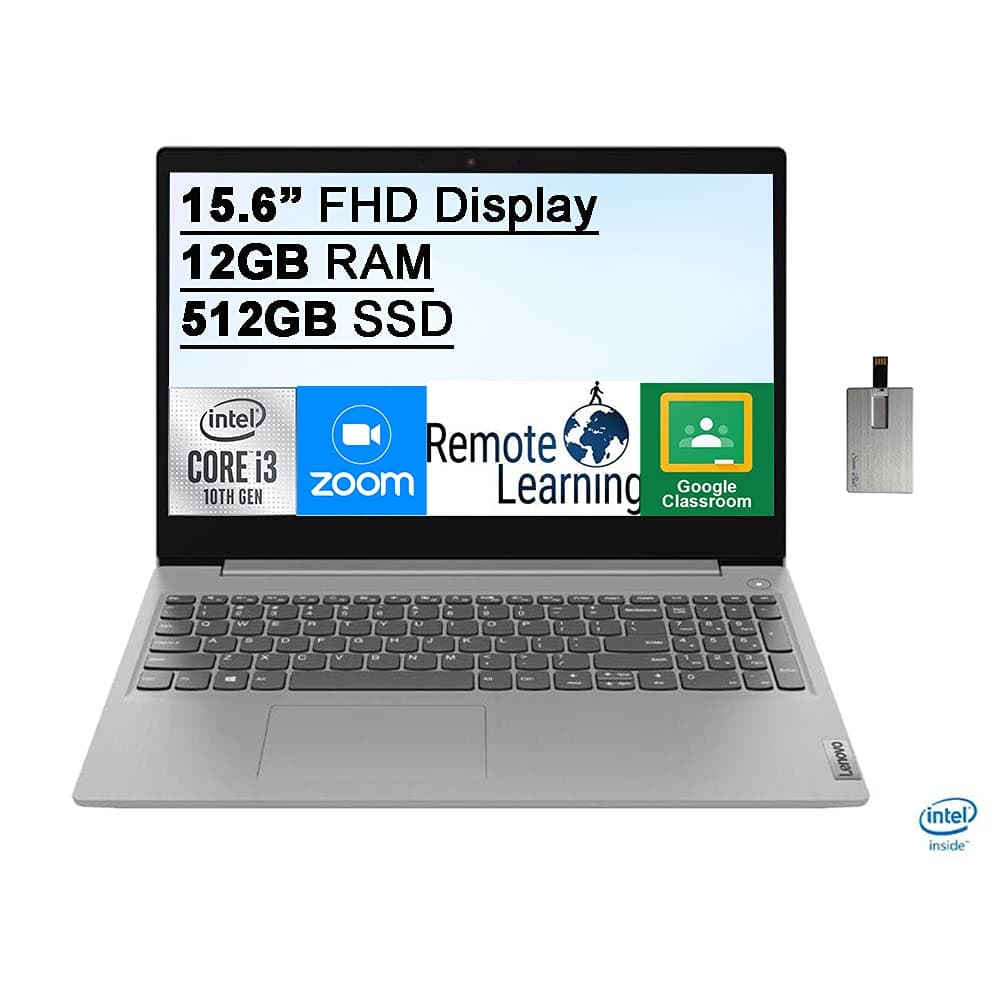 Lenovo IdeaPad 3 15.6" FHD Laptop, 10th Gen Intel Core i3-1005G1, Intel UHD Graphics, 12GB RAM, 256GB PCIe SSD, Dolby Audio, HD Webcam, HDMI, Windows 10 S, Grey, 32GB Hotface USB Card