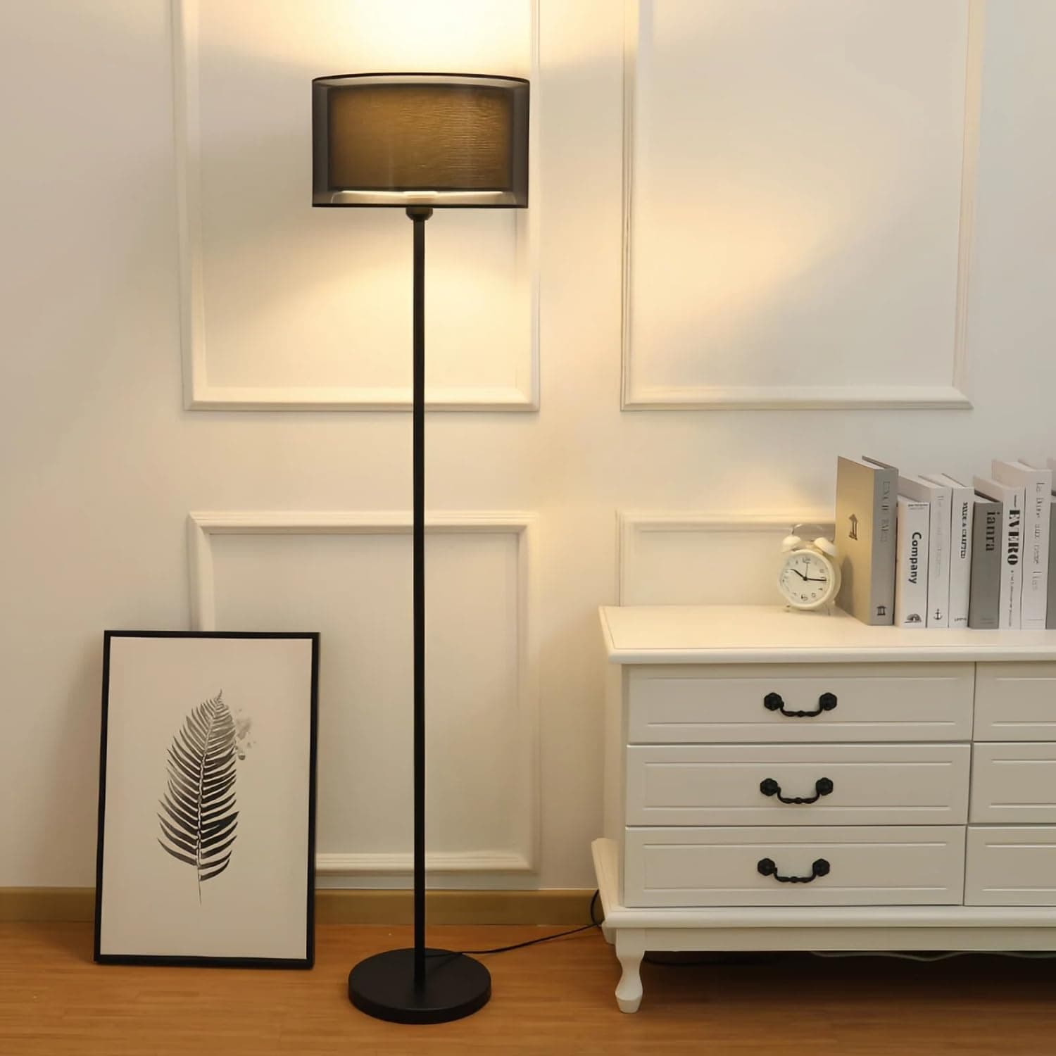 BOOM Modern Floor Lamp with Remote & Stepless Dimming, Double-Layer Black Linen Standing Lamp for Living Room Bedroom Office, Dimmable LED Tall Light with Sturdy Base, Easy Assembly Plug-in Version