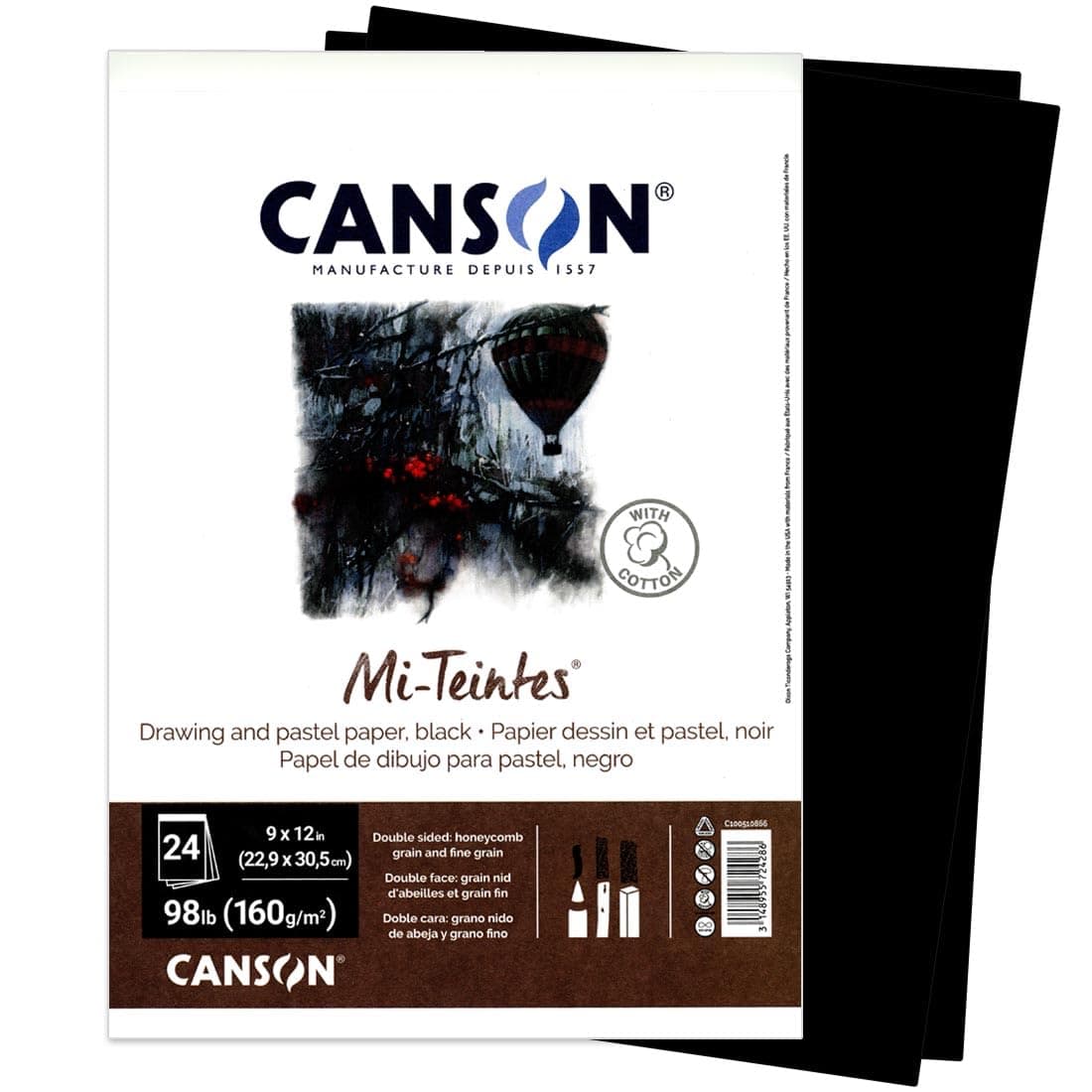 Canson-100510866 Drawing Mi-Teintes Paper Pad, Dual Sided Textures for Pastels, Charcoals, Pencil, Fold Over, 98 Pound, 9 x 12 Inch, Black, 24 Sheets, 9"X12" | Canson Artist Series, Foldover Pad, 98 lb. (160gsm), Artist Paper for Adults and Students