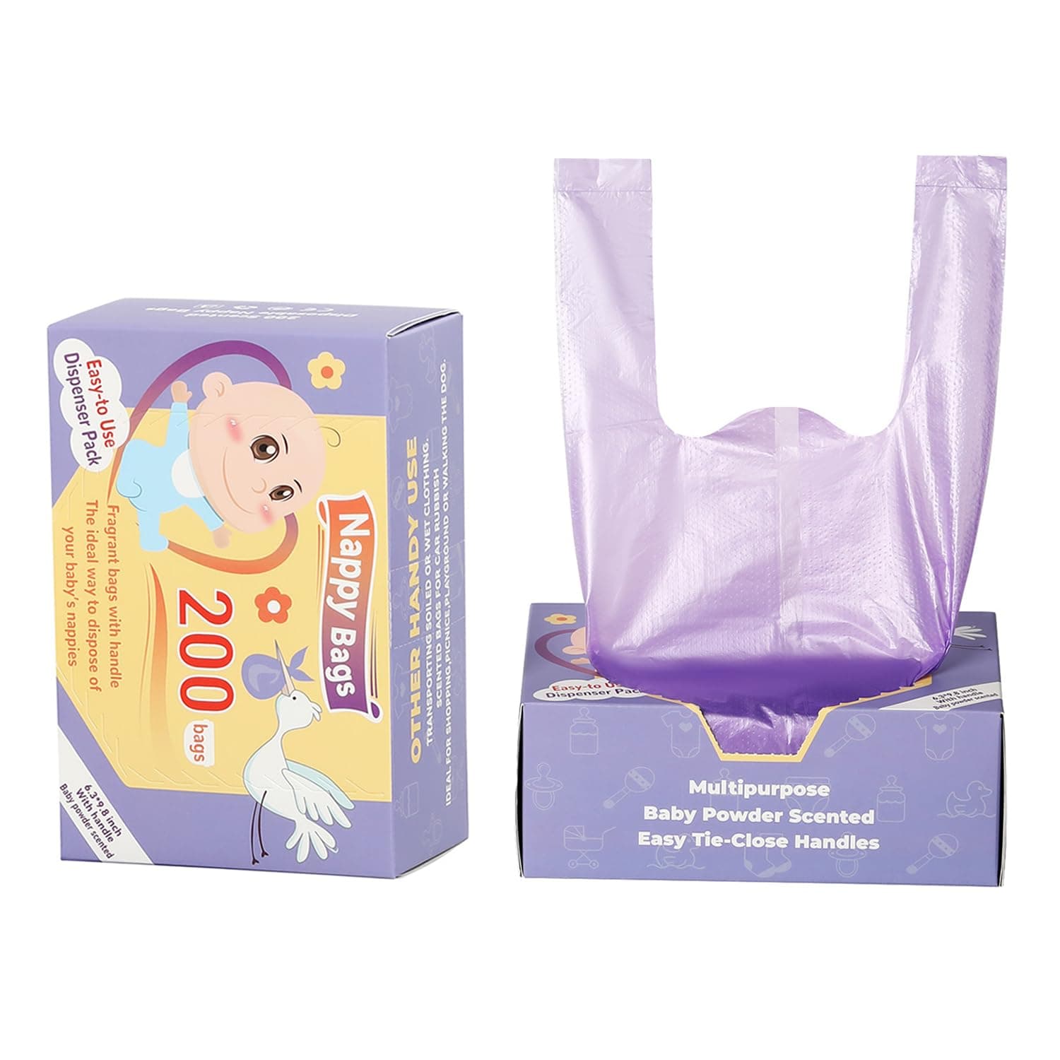 Baby Diaper Bag Disposable, Scented Baby Nappy Sacks with Leak-Proof Design & Easy-Tie Handles, Baby Powder Fresh Scent for Odor Control, for Baby Diapers, Dog Poop Bags & Adult Incontinen (200)