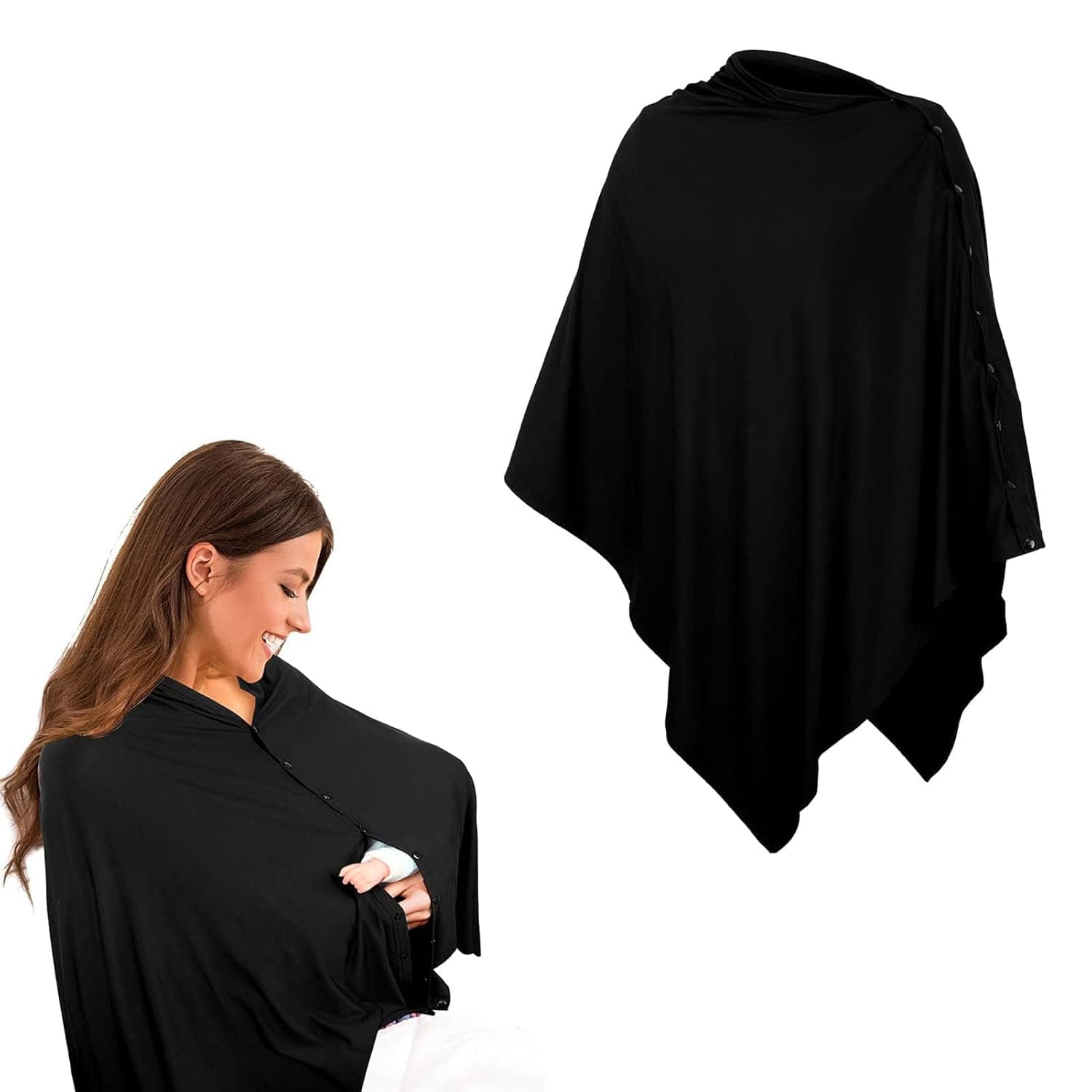Durku Nursing Covers for Breastfeeding,Nursing Blanket Privacy Breastfeeding Shawl Nursing Poncho Scarf with Button,Warm Cozy Swaddle, Breathable and Soft, Wide Neck with Stretch for Easy View,Black