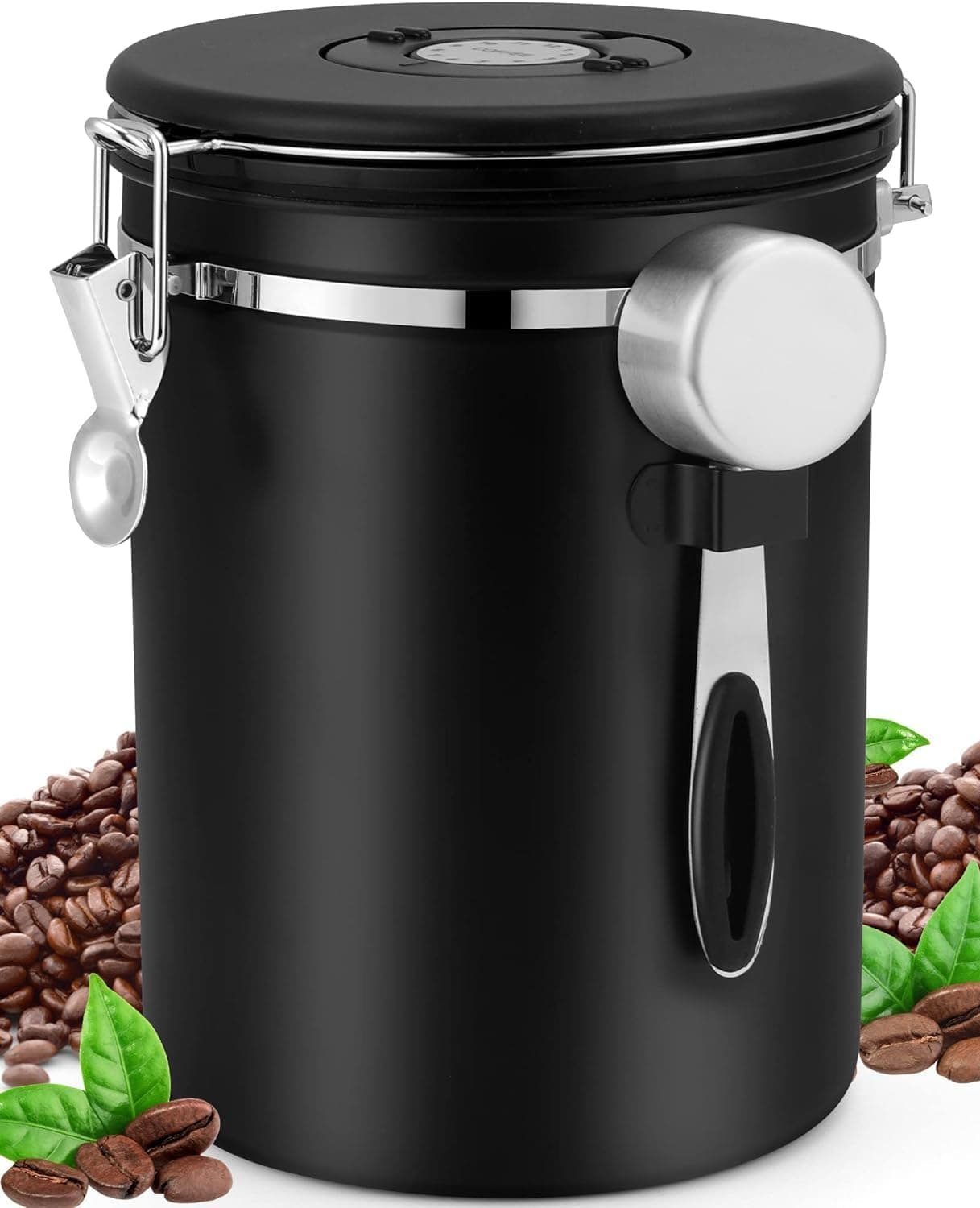 Coffee Canister, Airtight Stainless Steel Kitchen Food Storage Container with Date Tracker and Scoop for Grounds Coffee, Coffee Bean Sealed Jar, 304 Stainless Steel Sealed Jar with Spoon 1.8L