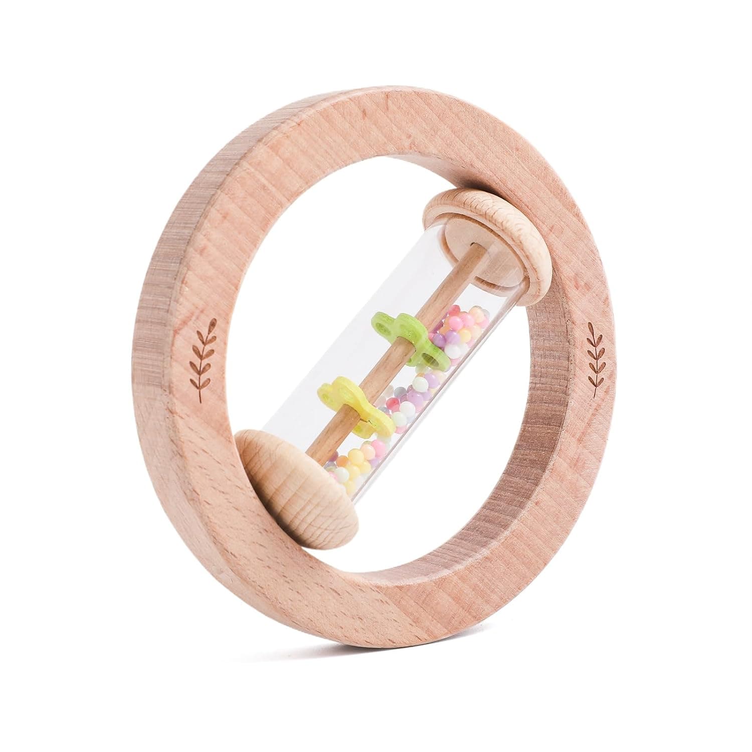 Wooden Rainstick Rattle Ring, Montessori Musical Baby Toy, Sensory Development Instrument for 0+ Months, Natural Wood