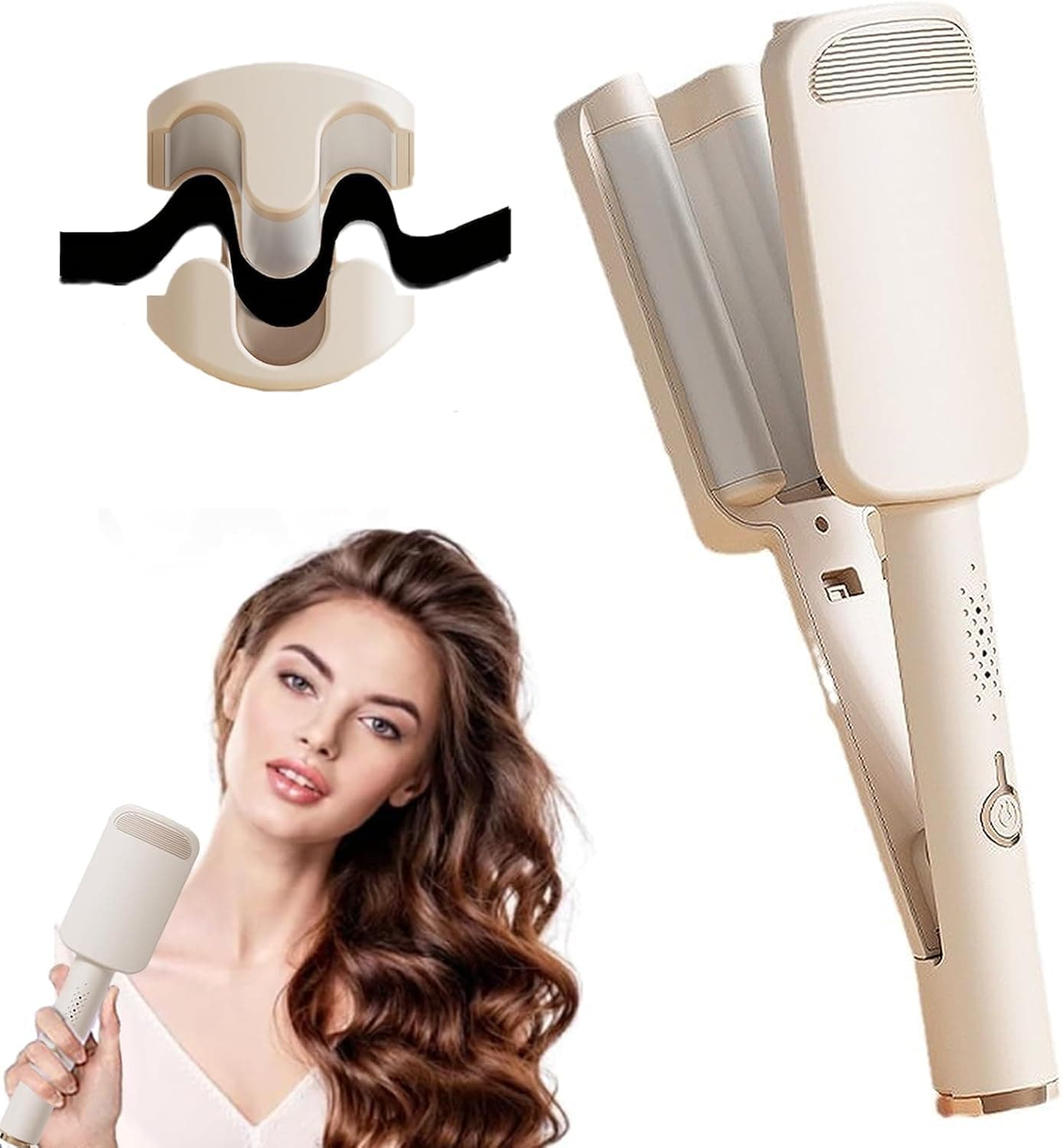 DMG Curling Iron Hair Crimper, 1.25Inch Ionic Deep Waver Hair Curler Tool with Ceramic 3 Barrel, Fast Heating, Anti-Scald, Dual Voltage, 4 Temp Adjustable Curling Wand for Short and Long Hair (Beige)