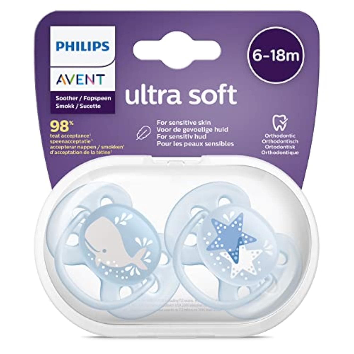 Philips Avent Ultra Soft Soother, 2 Pieces, For Boys, 6-18 Months