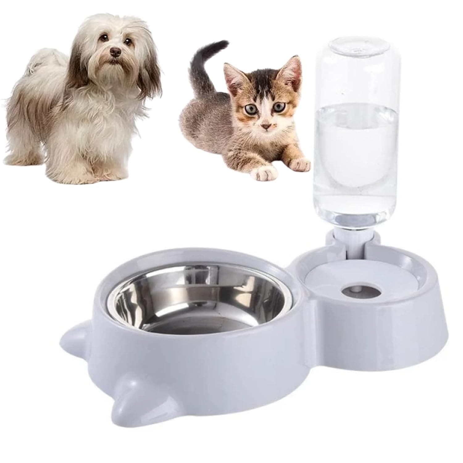 SKY-TOUCH Cat Dog Food Bowl 2 in 1, Pet Food Container and Auto Gravity Pet Water Dispenser, Food Bowls Set for Small Medium Dogs and Cats, Gray