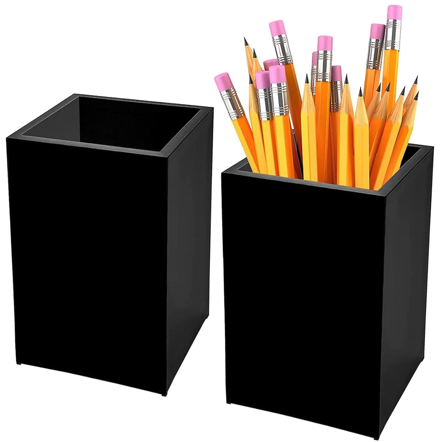 Joyzzz Desk Pen Pencil Holder, Black 6.5x6.5x10cm Acrylic 2-Pack Organizer for Pens Pencils Stationery, Makeup Brush Storage Cup, Office School Home Accessories
