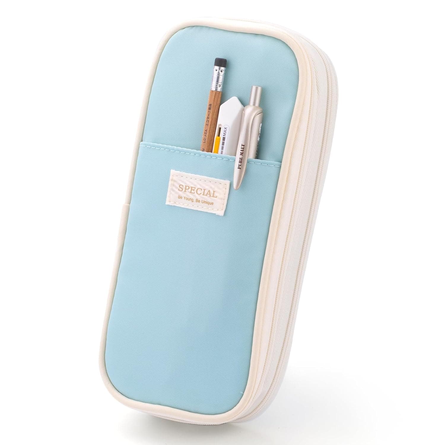 Bukela Big Capacity Pencil Pen Case, Large Pencil Pouch with Zipper Compartments, Light Blue Pen Box Bag Organizer for School Office College Students Staff