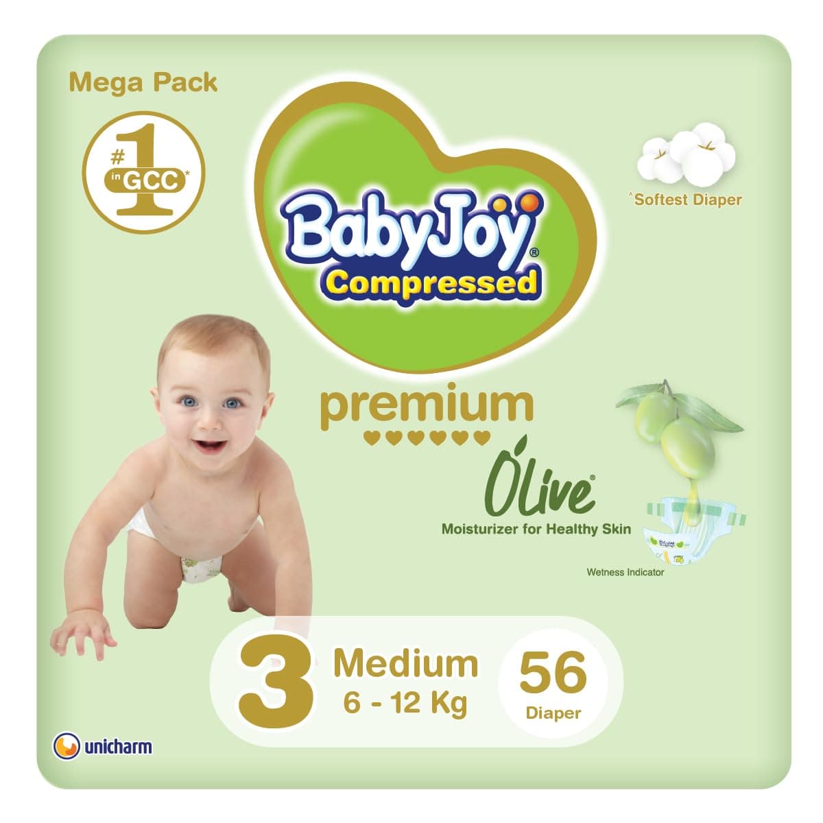 BabyJoy Olive Oil, Size 3, Medium, 6-12 kg, Mega Pack, 56 Diapers