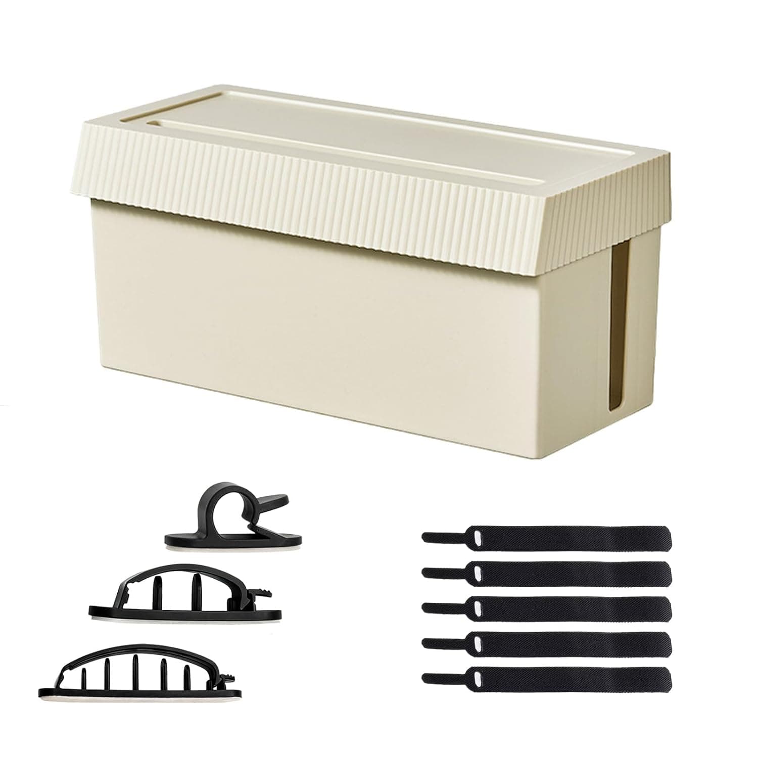 Large Cable Management Box,32x14.5x15cm Heavy Duty Cord Organizer with 3 Sided Openings,5 Straps,3 Clamps,Compatible with Double Power Strips,Cream Desktop Cable Box for Home and Office(Cream)