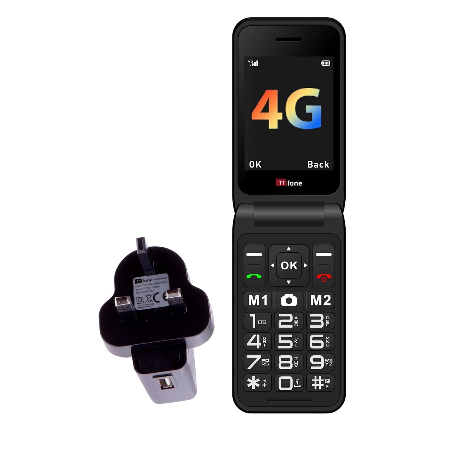 ttfone جوال TT760 فليب 4G بزر كبير لكبار السن مع زر للمساعدة في حالات الطوارئ، هاتف محمول اساسي غير مقفل (اسود، مع شاحن رئيسي)