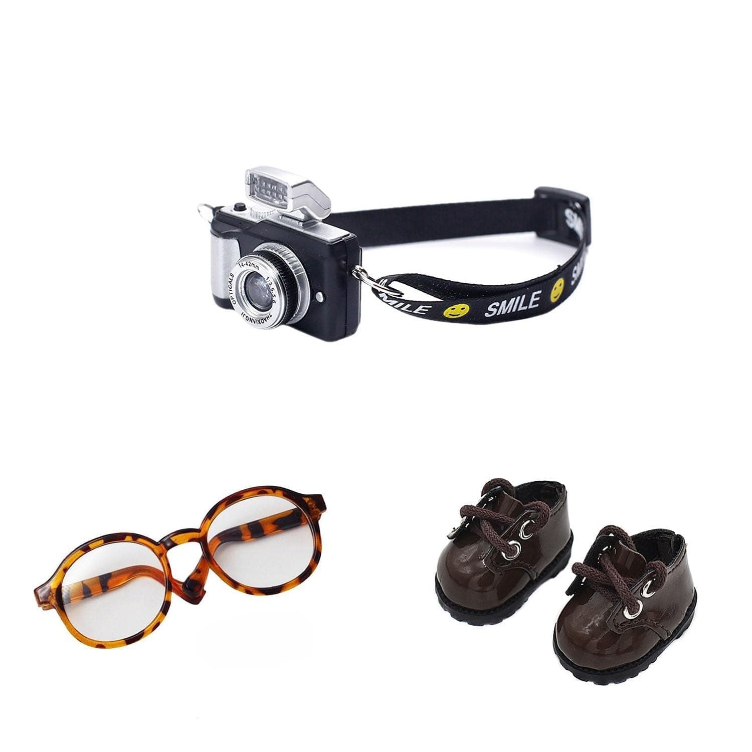 Tazweeq 3 Pcs Doll Accessories Set Included Mini Glasses, Miniature SLR Camera with Lanyard, Camera and Shoes for Doll, Dress Up Accessories for 17cm Doll, Mini Costume Supplies for Dolls