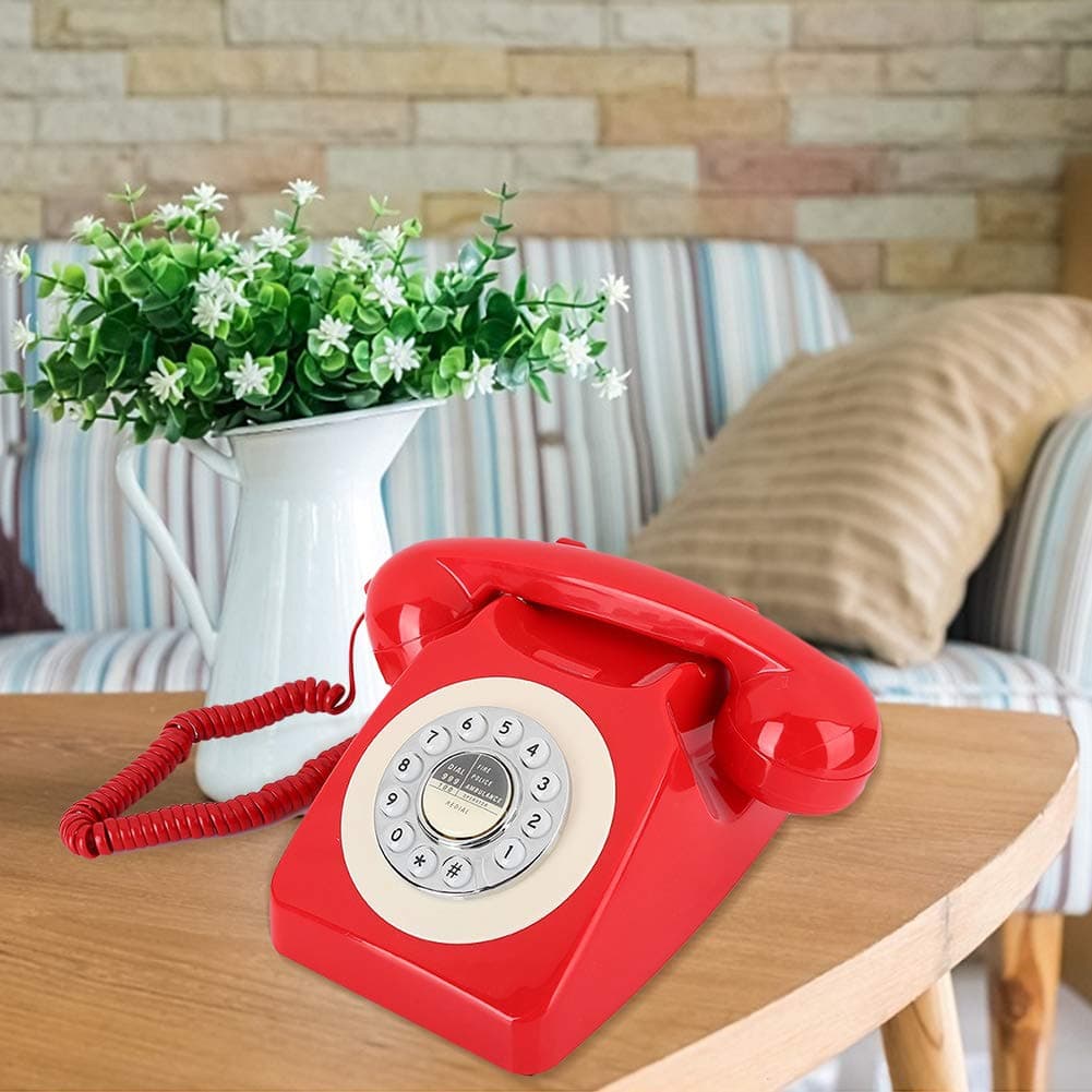 POENVFPO Antique Telephone, Retro Style, Red ABS Material, MS-300 Model, Mechanical Copper Bell, Function
