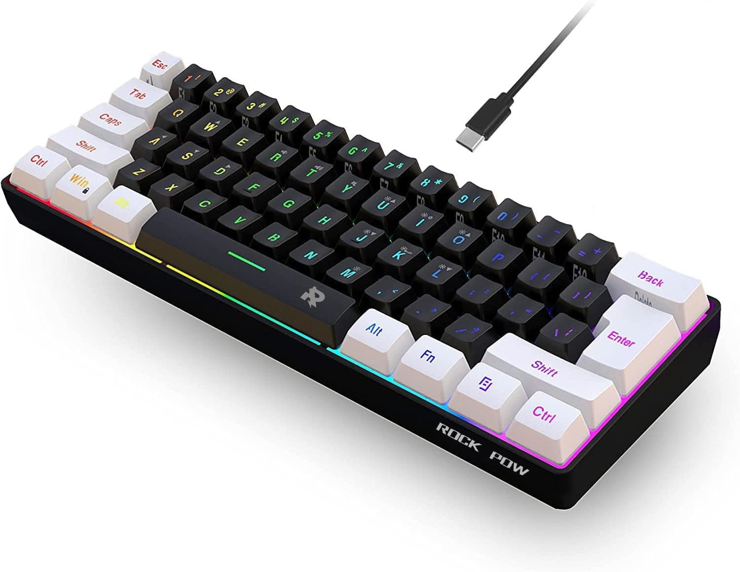 ROCK POW 60% Wired Gaming Keyboard, Small RGB Backlit Membrane Gaming Keyboard, Ultra-Compact Mini Waterproof for PC Computer Gamer White and Black