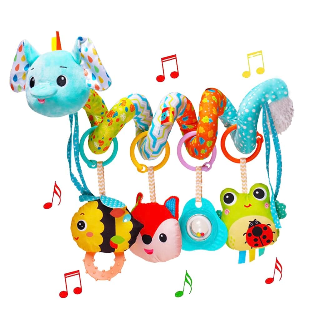 Stroller Toys, Car Seat Toys for Babies Infants 0-6 Months, Activity Spiral Plush Hanging Toy Gift for Baby Boys and Girls 0 3 6 12 Months Newborn Sensory Toy with Rattles Squeaker Music -Blue