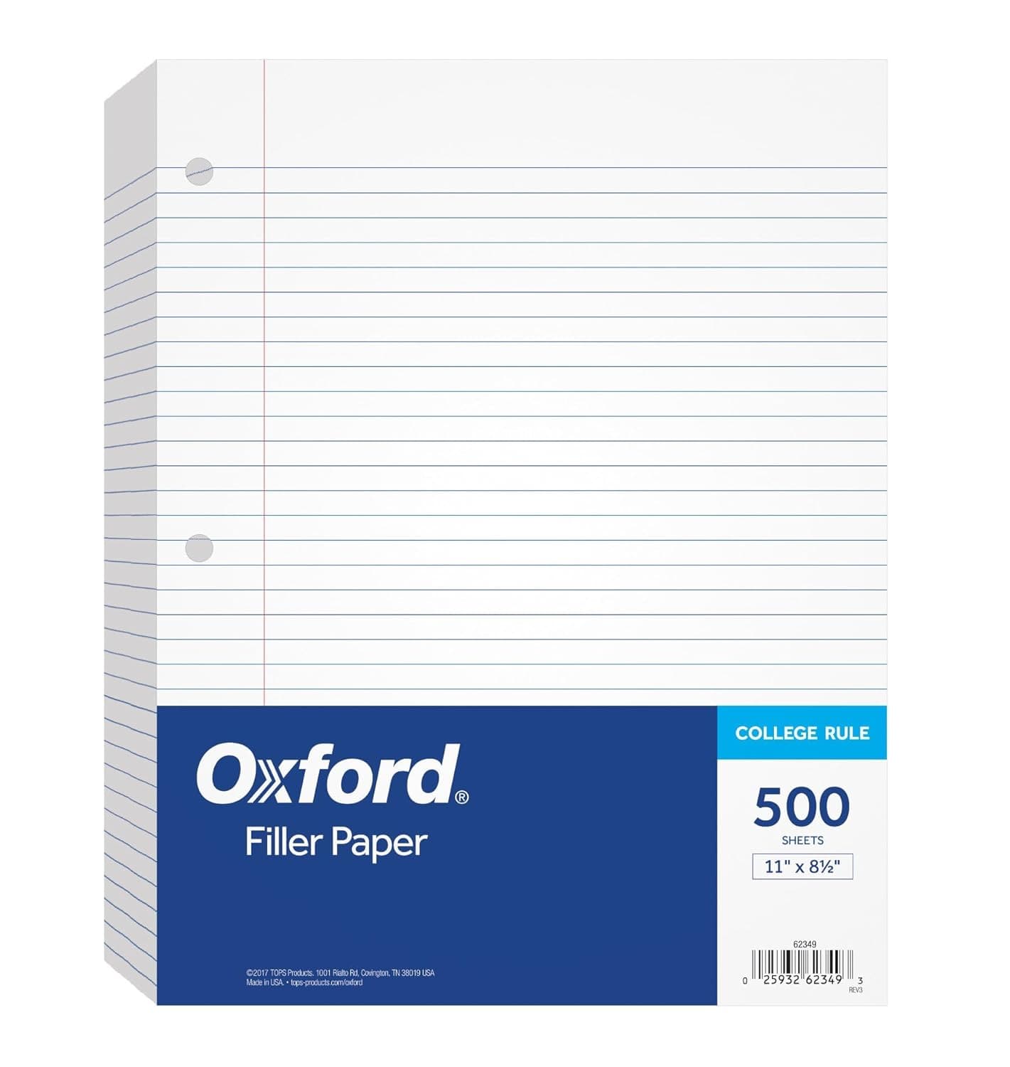 Oxford Filler Paper, 21.6 cm x 28 cm, College Rule, 3-Hole Punched, Loose-Leaf Paper for 3-Ring Binders, 500 Sheets Per Pack (62349), White