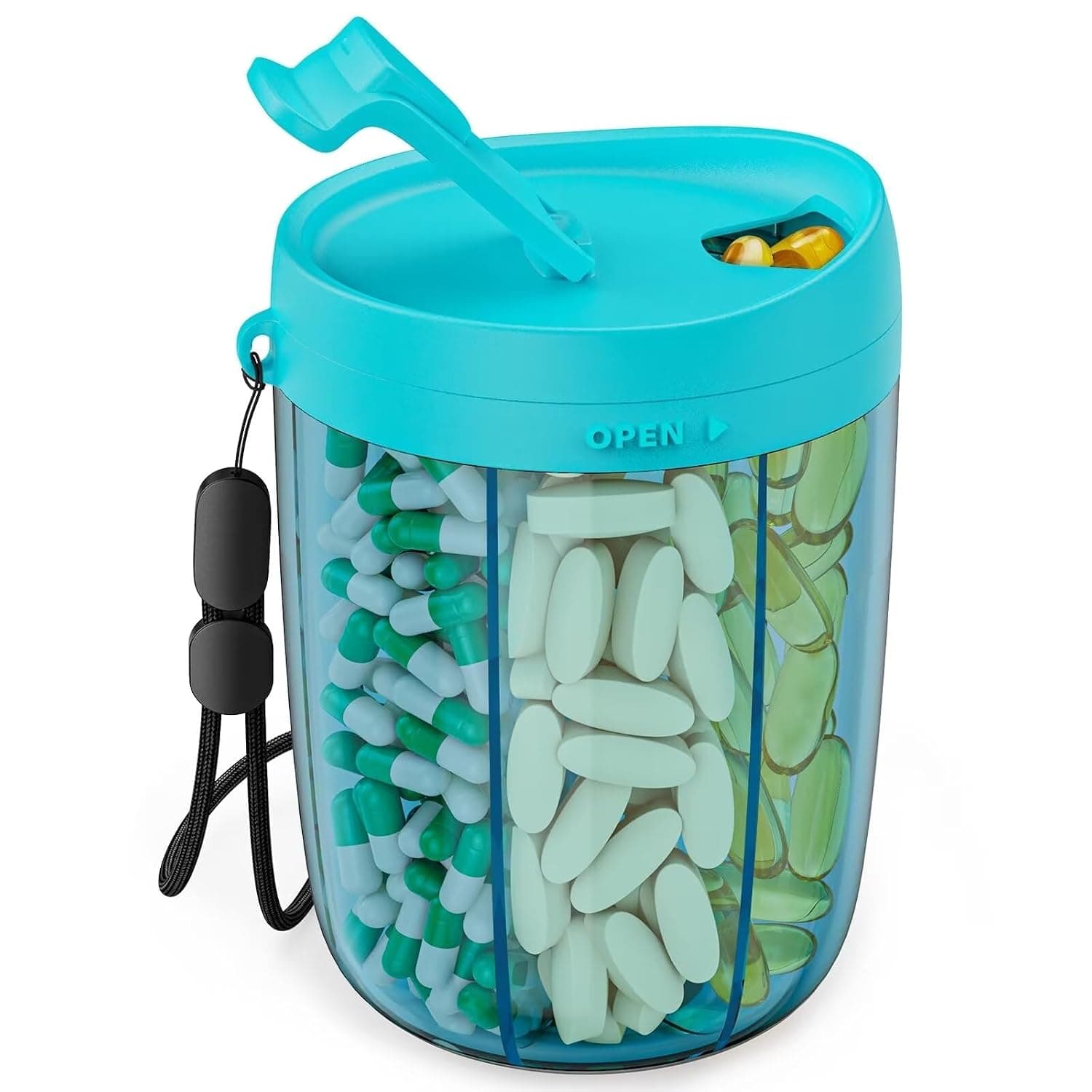 PULIV Large Supplement Organizer Bottle, Holds Plenty of Vitamins in 1 Monthly Pill Dispenser with Anti-Mixing & Wide Openings Design, Easy to Retrieve Meds, Includes 20 Pcs Stick-on Labels Blue | Supplement Organizer for Holding 6 Various Vitamins without Filling Hassle, Wide Opening Pill Box Case for Easy Retrieval