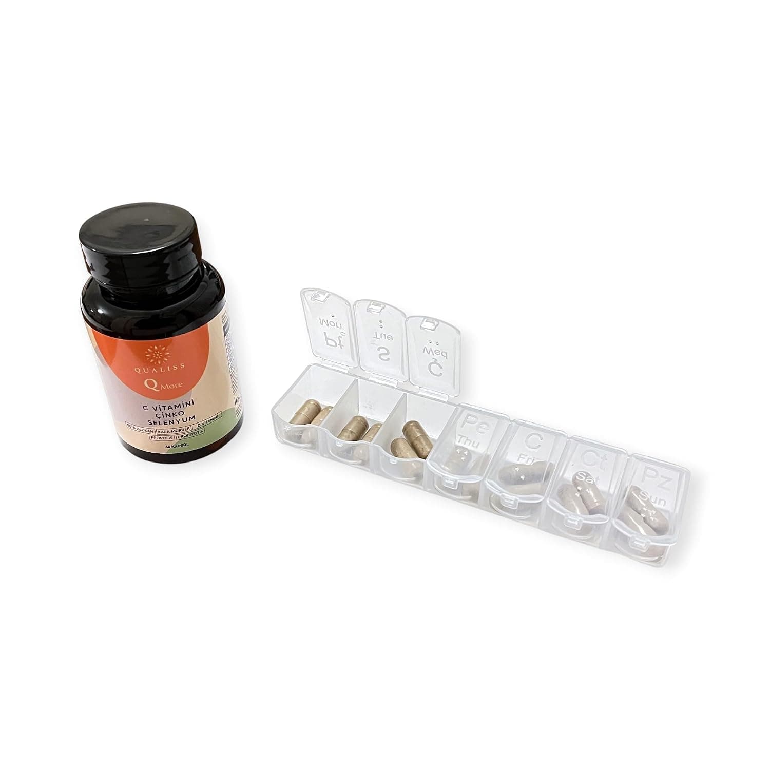 Q More Vitamin C Zinc Selenium Probiotic 60 Capsules + Weekly Pill Box