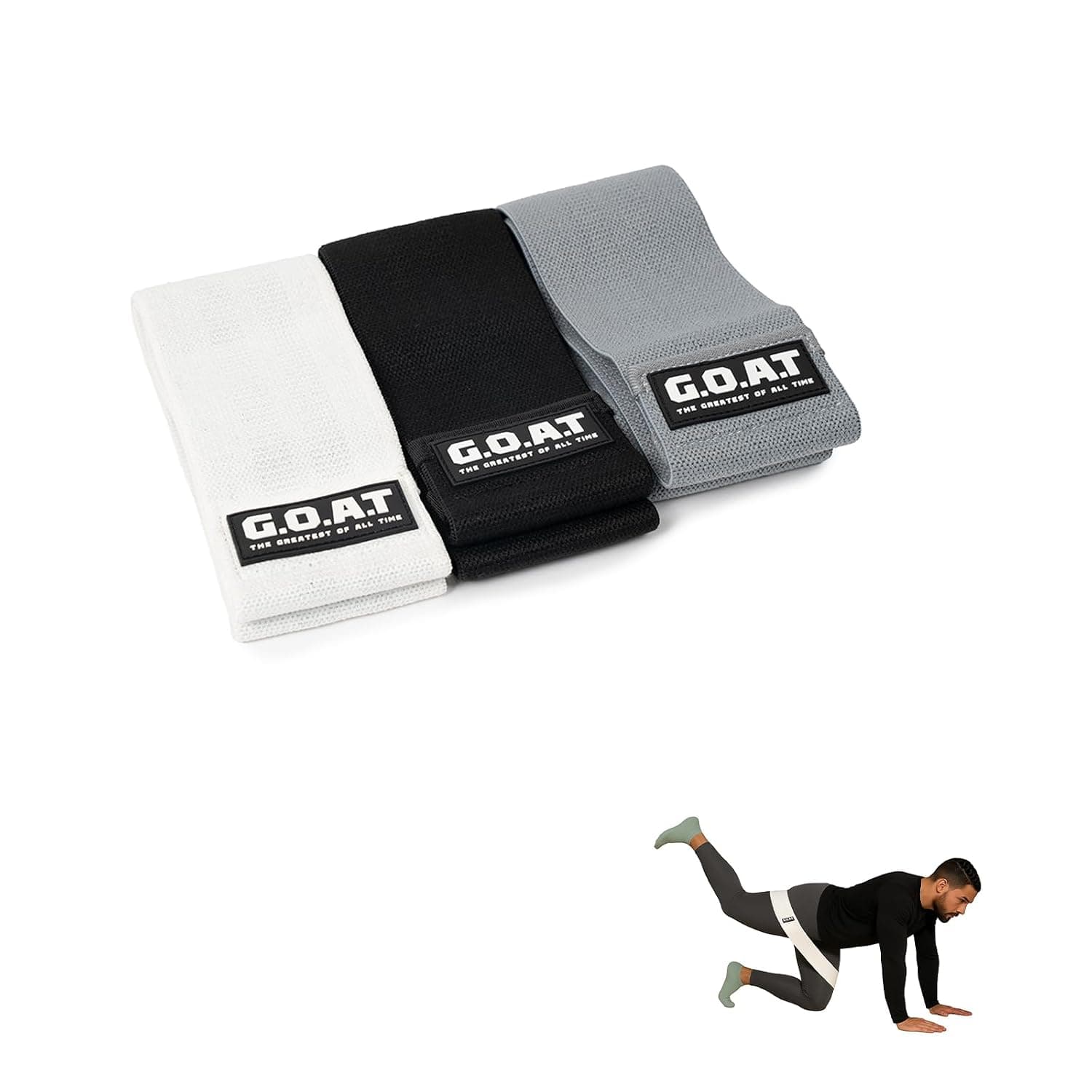G.O.A.T Premium Hip Fabric Resistance Bands - Set of 3 Non-Slip Bands for Legs and Glutes - Durable Fabric Loops for Home Workouts, Squats, and Hip Activation (Black, White, Grey)