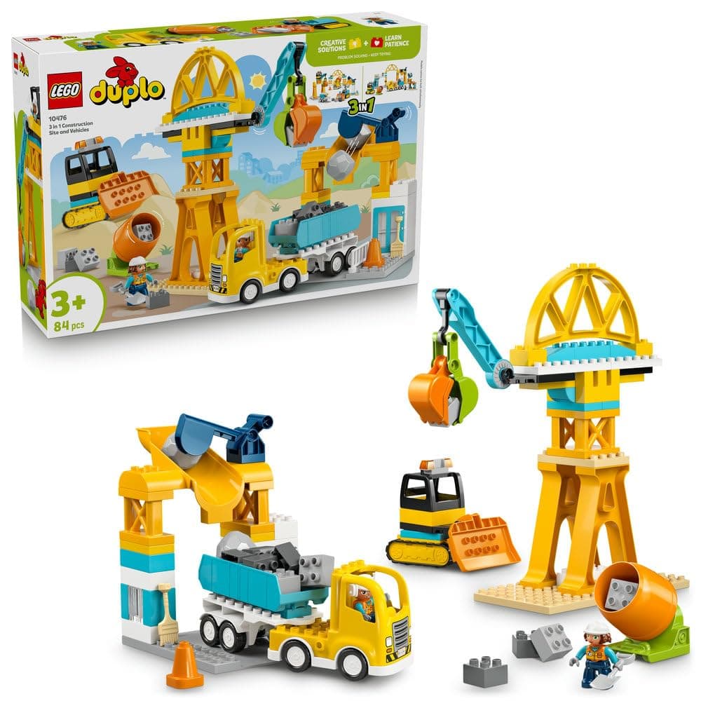LEGO DUPLO 3 in 1 Construction Site and Vehicles 10476 | 3-in-1 Trucks, Cranes & Diggers, Educational Fine Motor Skills Toy, Gift for 3+ Year Old Boys & Girls, 84 Pieces