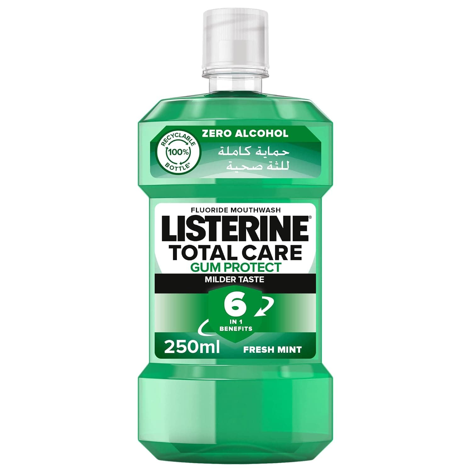 Listerine Total Care Fluoride Mouthwash, Gum Protect, Milder Taste, 6in1 Formula, 12H Germ Protection, Helps Reduce Plaque, Cavity Protection, Alcohol Free, Fresh Mint Flavor, 250ml