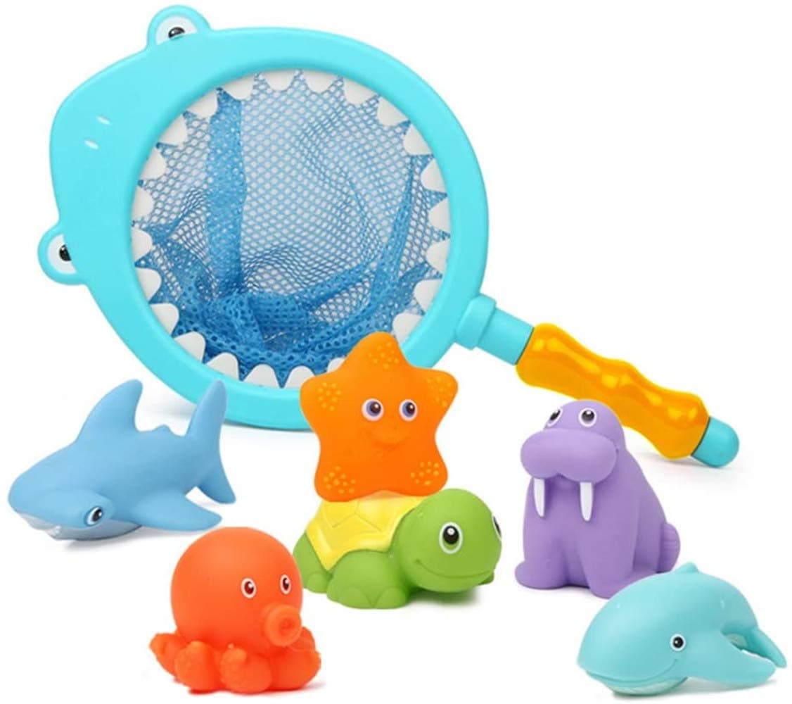 Mumoo Bear 7Pcs Baby Bath Toys, Scoop Net Fish Pool Toys with Spray, Sounds, Color Changing Toddler Bathtub Toys