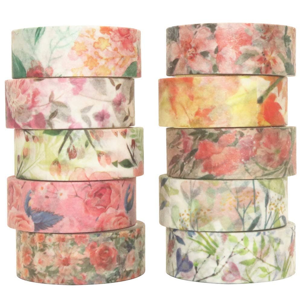 10 Rolls Spring Flowers Washi Tape Set, Floral Printed Masking Decorative Tapes, Plants Decorative for Arts, DIY Crafts, Journal Supplies, Planners, Scrapbook, Card/Gift Wrapping (Warm Tone)