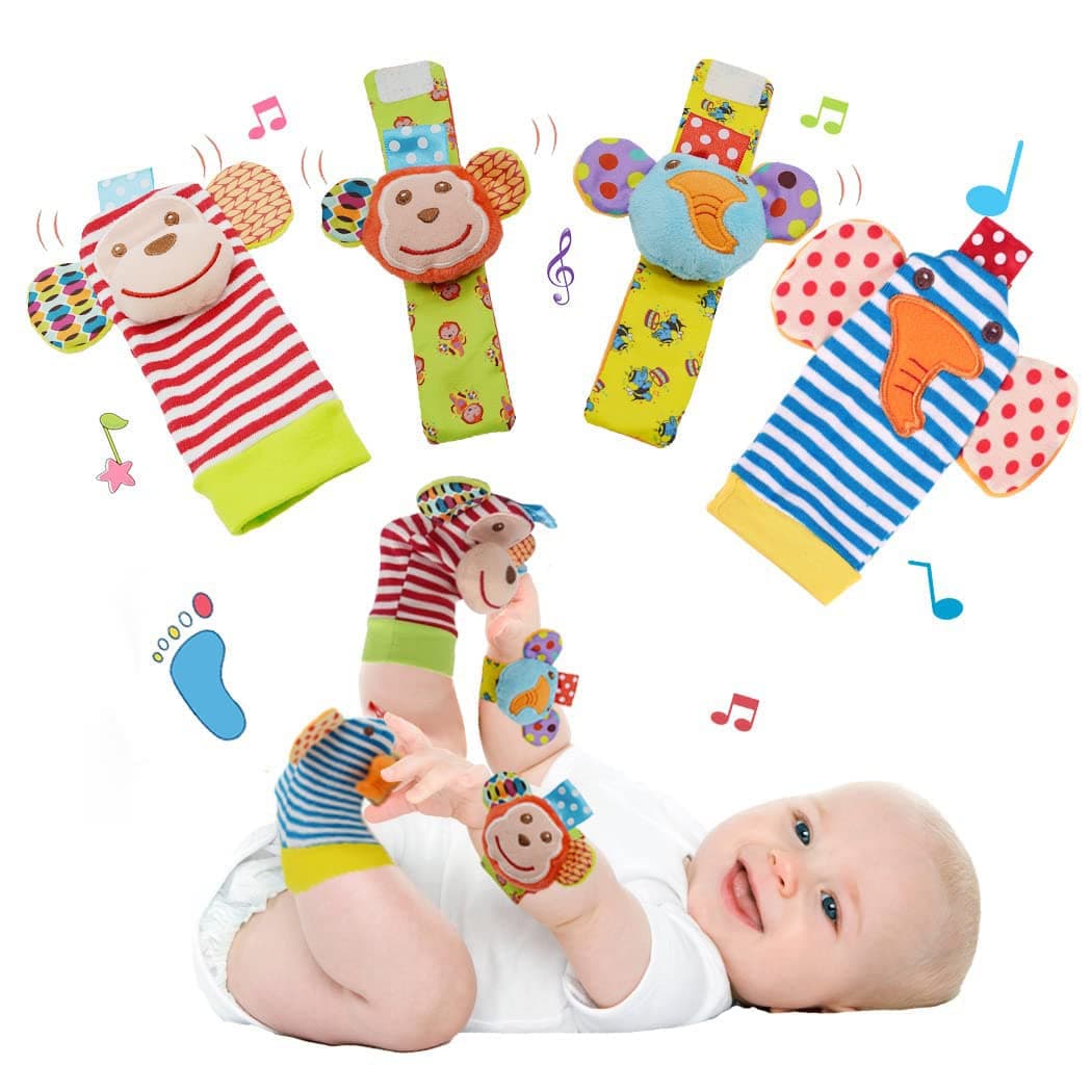Baby Wrist Rattles Toys 0-3-6-12 Months & Foot Sock Rattle Toy, Monkey, Elephant, 4 Pieces