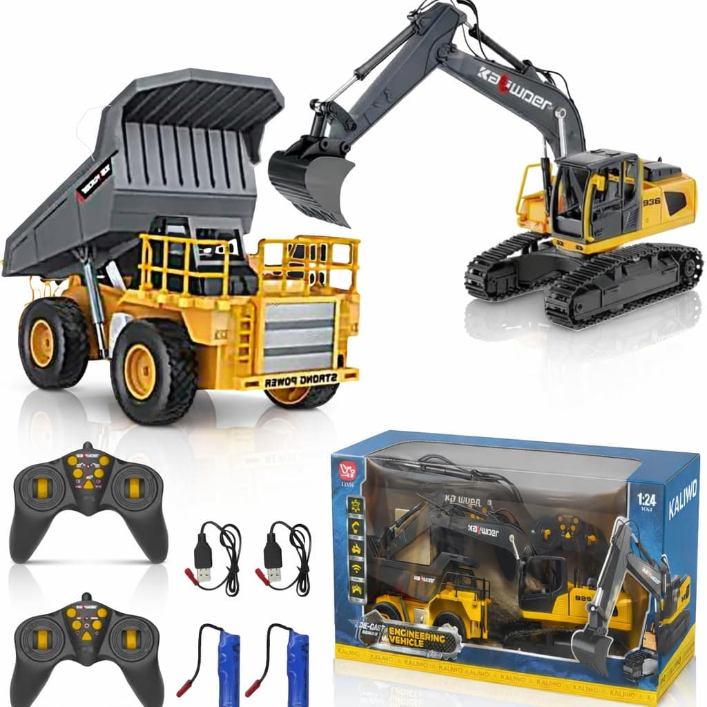 MB® 1:24 Alloy RC Excavator & Dump Truck, 9CH 2-in-1 Construction Vehicle Set, Metal Durable Build LED Lights & Sound – Remote Control Trucks Toys Gift – شاحنة وجرافة تحكم للأطفال لعبة هندسية متينة