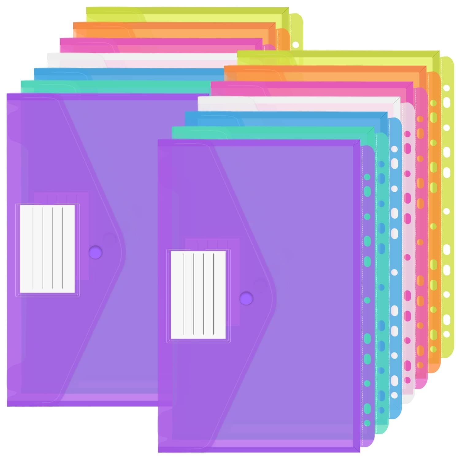 14 Pack A4 Plastic Wallets with Label Pocket, Assorted Colors, Punched Document Wallets with Popper Closure, A4 File Folders for School, Office, and Business Travel