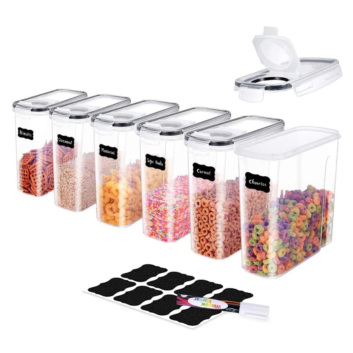 ALMEKAQUZ Cereal Storage Containers [6 Set],Airtight Food Storage Containers 2.5L(85.4oz),Kitchen Storage Keeper with Chalkboard Labels & Pen,for for Cereal,Snacks and Sugar