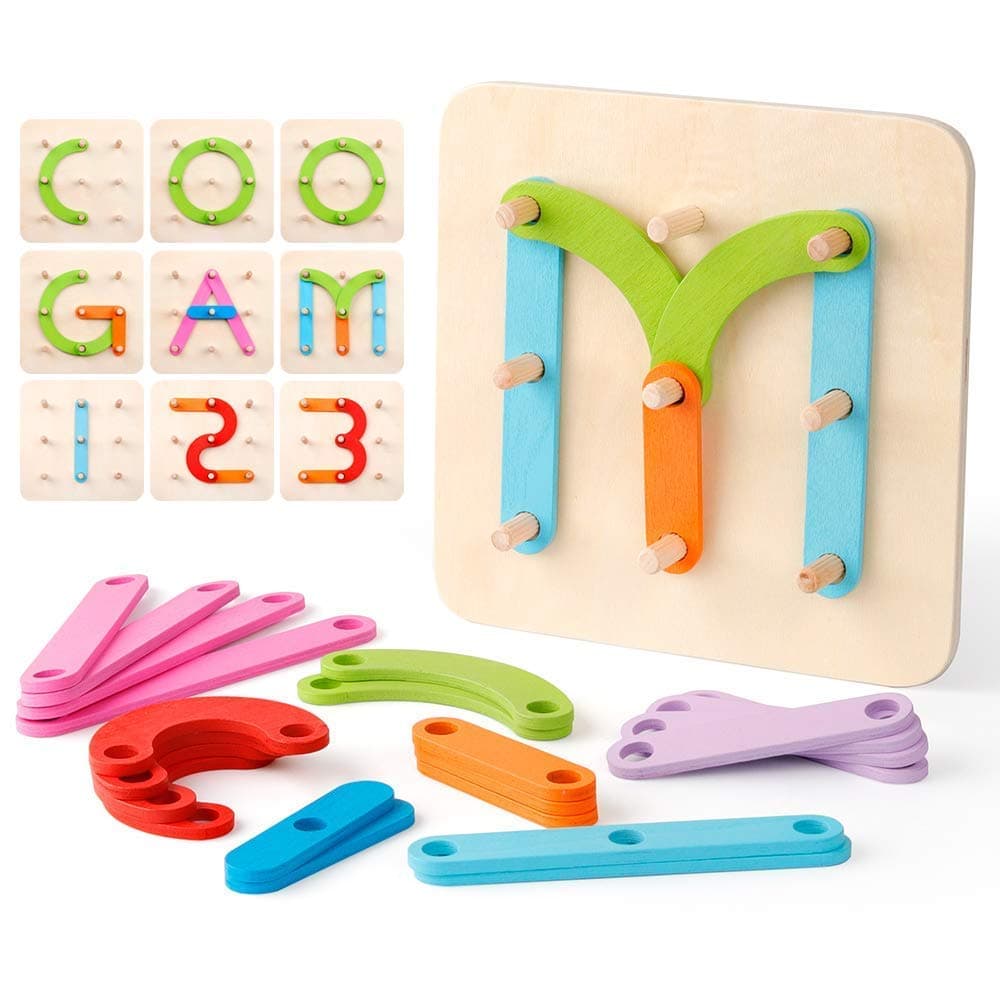 Coogam Wooden Letter Number Construction Puzzle Educational Stacking Blocks Toy Set Shape Color Sorter Pegboard Activity Board Sort Game for Kids Gift Preschool Learning STEM Toy