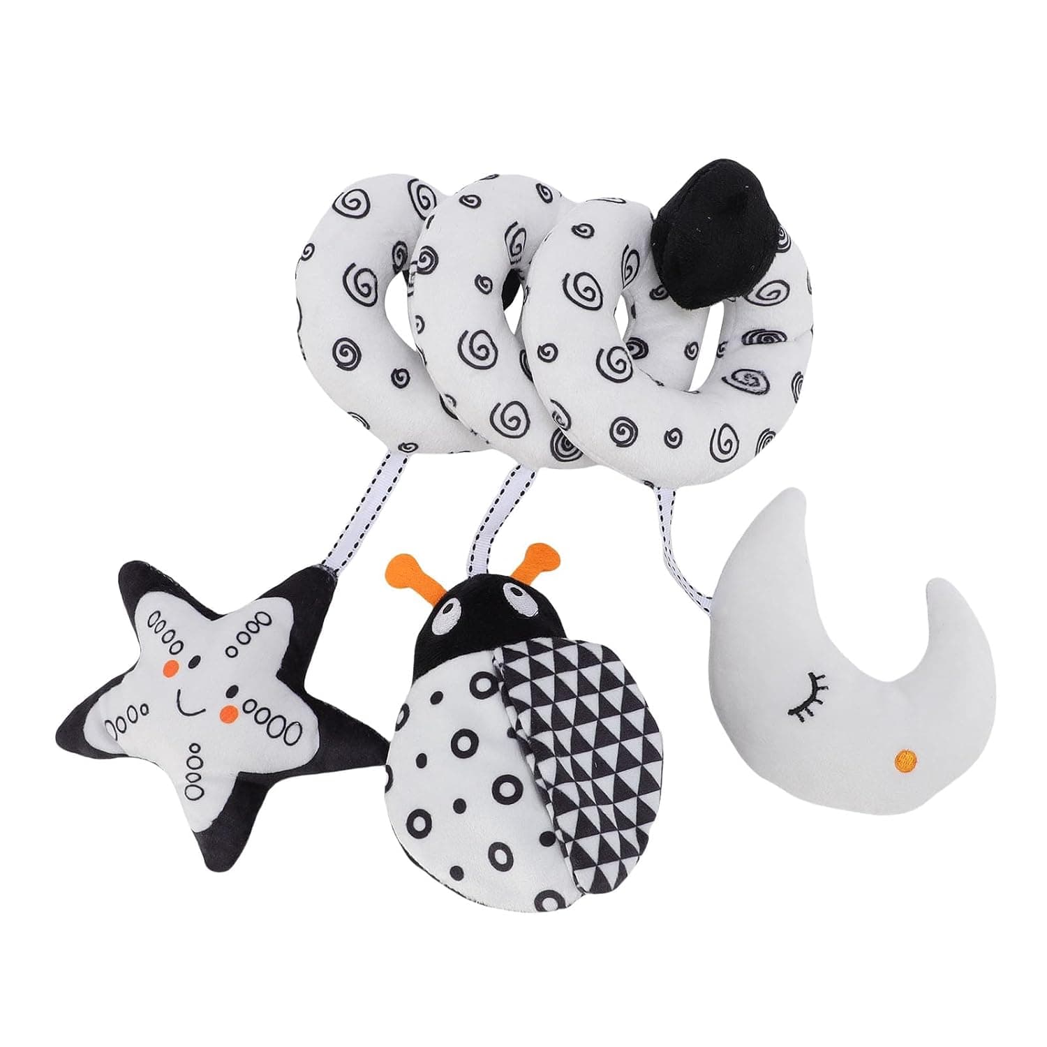 Baby Crib Hanging Rattles Toy Black White Animal Spiral Plush Toy with Built in Rattle for Infant Sensory Play and Auditory Development