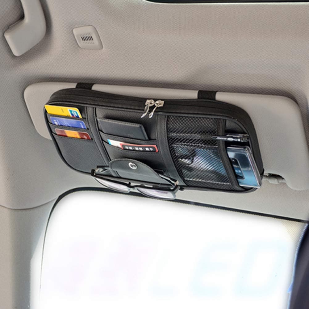 Car Sun Visor Organizer, Auto Interior Accessories Pocket Organizer - Car Truck SUV Storage Pouch Holder, with Multi-Pocket Net Zipper (Black)
