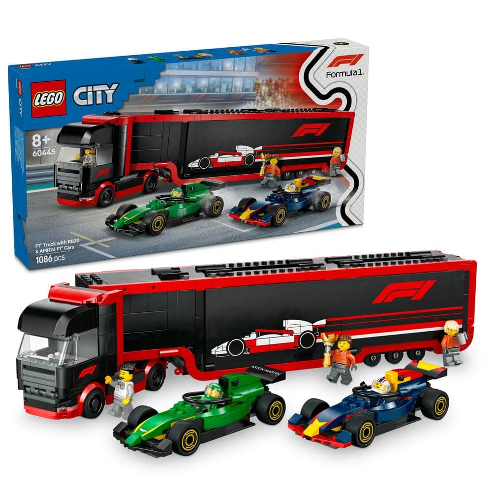 LEGO City F1 Truck with RB20 & AMR24 F1 Cars 60445 | Car Transporter Toy, 2 Drivers & Race Simulator, Formula 1 Set, Gift for 8+ Year Old Boys & Girls, 1,086 Pieces