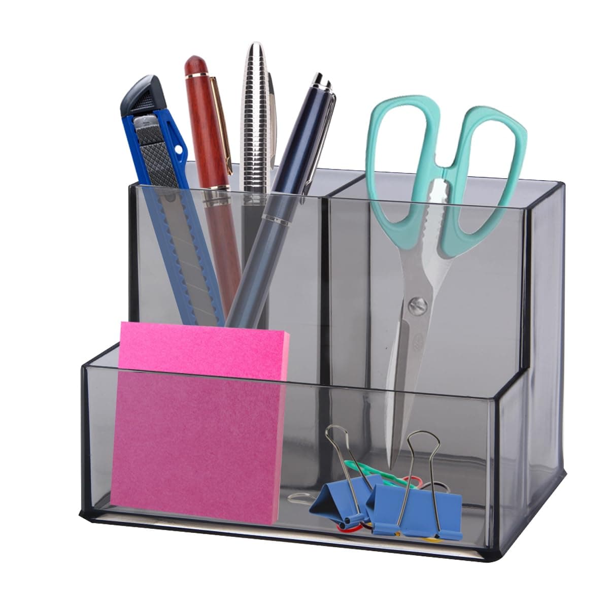 Pen Holder, Clear Acrylic Makeup Brush Holder, Pencil Holder for Desk with Sticky Notes Holder and 3 Compartments, Pencil Organizer for Pen, Art Supply, Makeup Brush (Black)