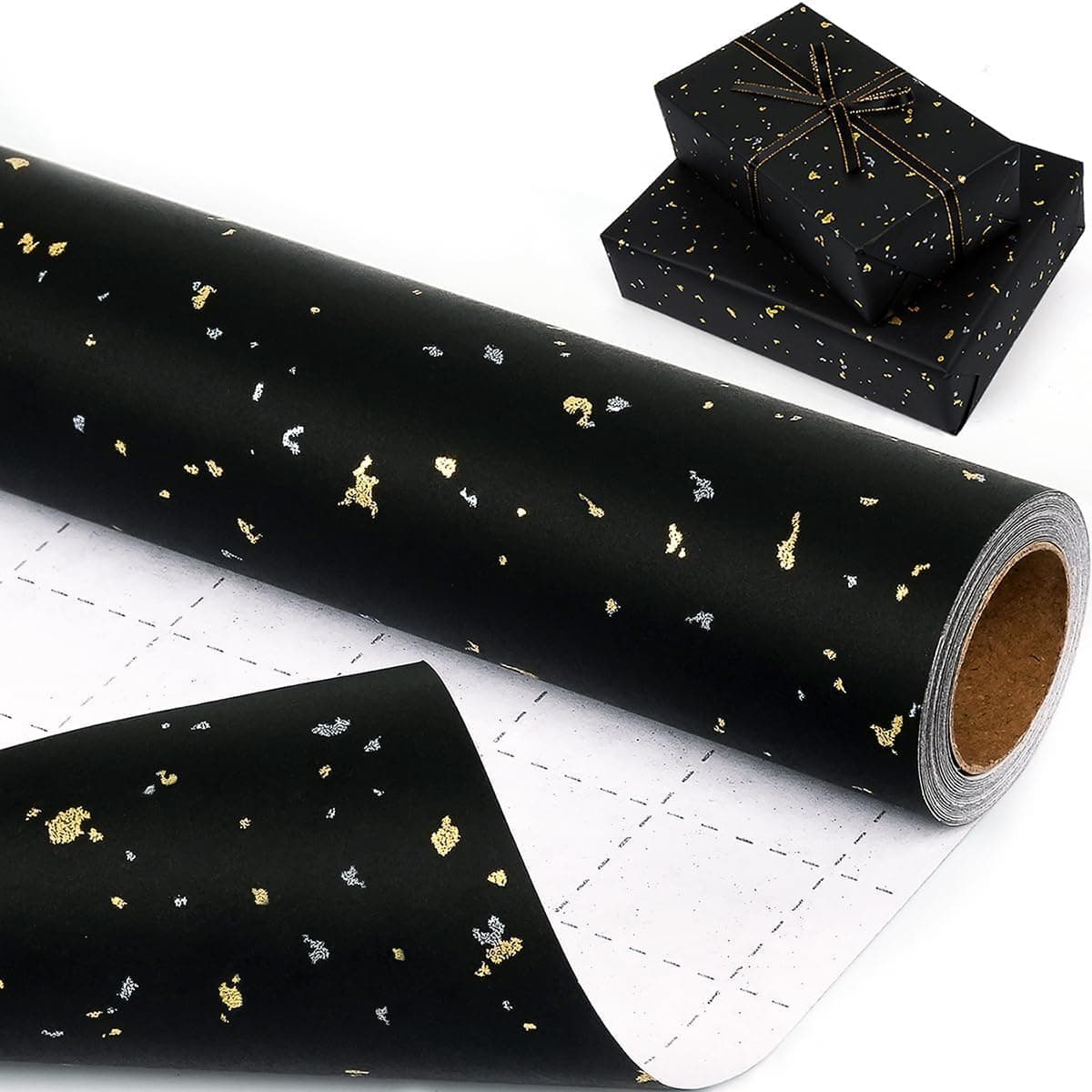 Black Wrapping Paper Roll, 17in x 33ft Matte Kraft with Gold & Silver Foil – Luxury Gift Wrap for Eid, Birthday, Wedding, Baby Shower, Graduation, Party, Holiday, Bouquet Packaging