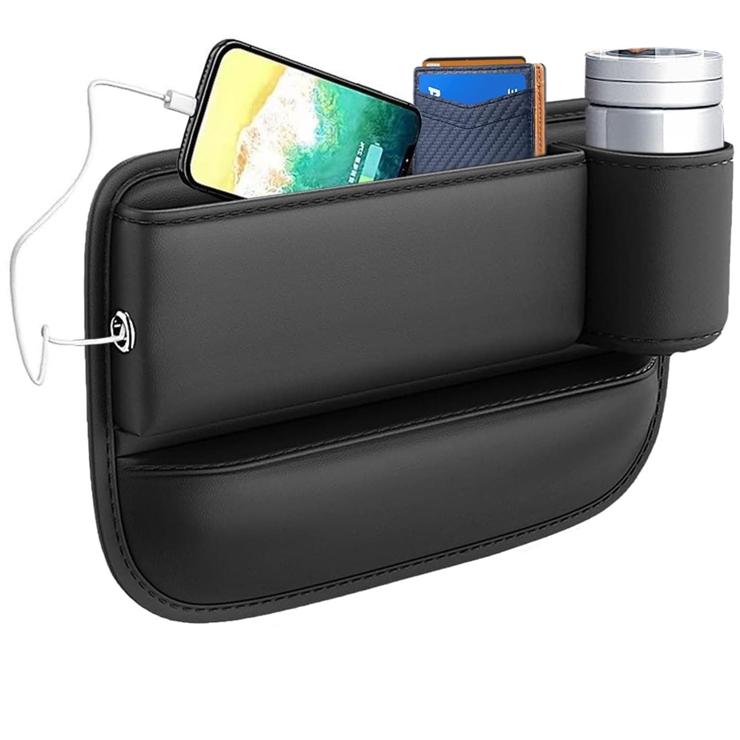 Joyzzz Car Seat Gap Filler, Universal Leather Storage Organizer with Cup Holder, Premium Car Seat Gap Organizer for Phones, Glasses, Keys, Cards, Perfect for Most Vehicle Models
