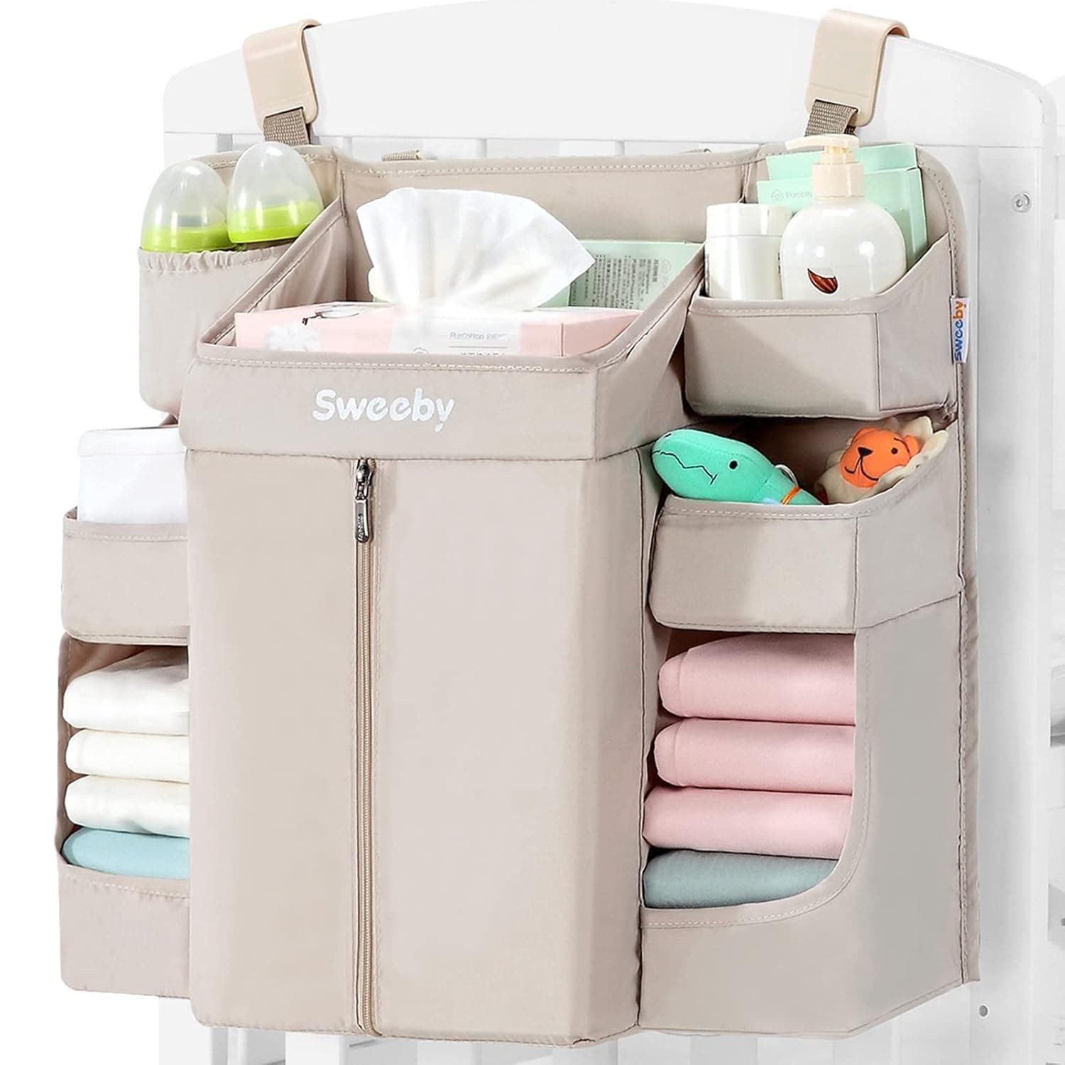 Sweeby Cream Diaper Organizer for Changing Table and Crib, 6 Compartments, Hanging Diaper Caddy, Baby Essentials Organizer