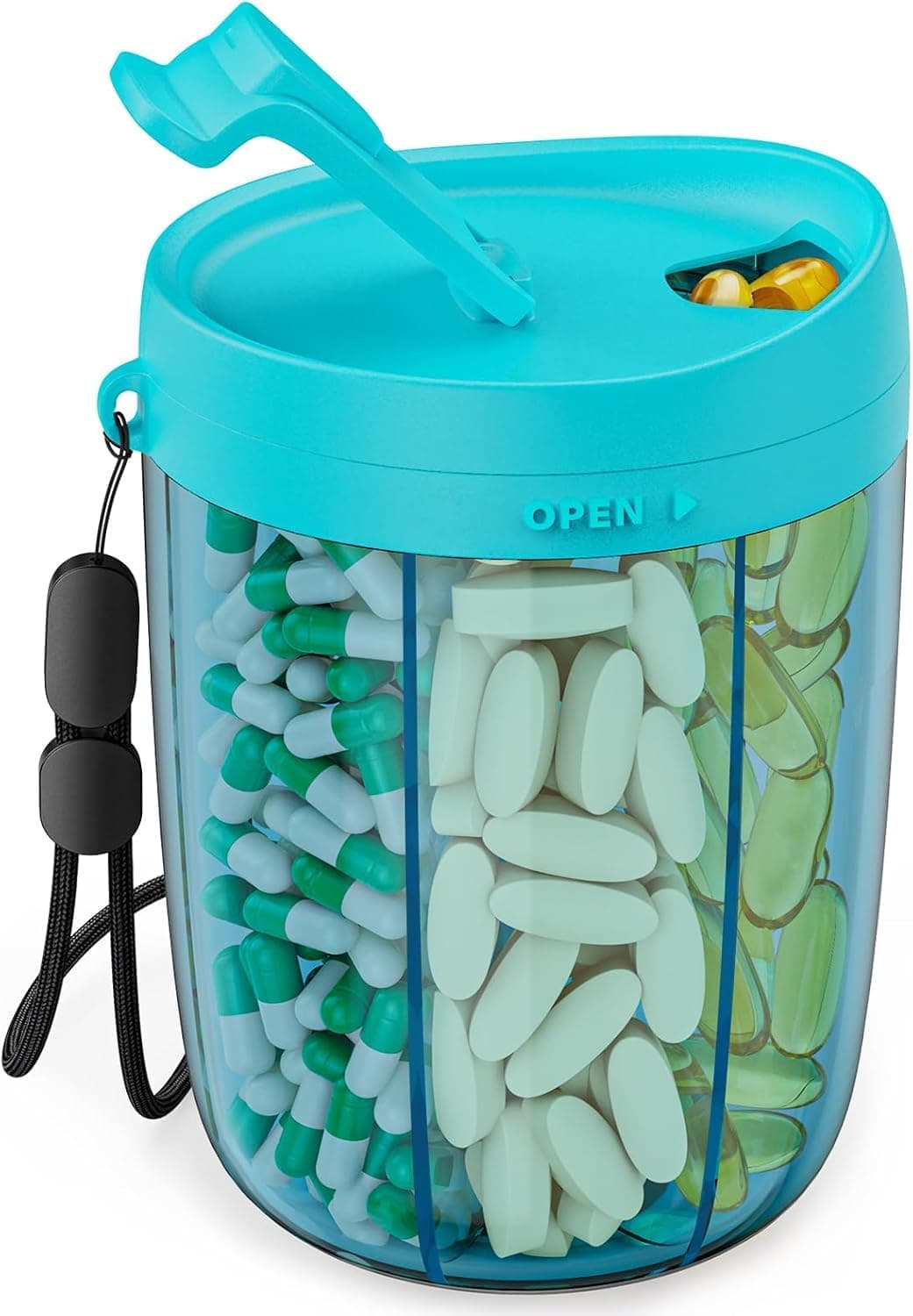Large Supplement Organizer Bottle, Holds Plenty of Vitamins in 1 Monthly Pill Dispenser with Anti-Mixing & Wide Openings Design, Easy to Retrieve Meds, Includes 20 Pcs Stick-on Labels Blue