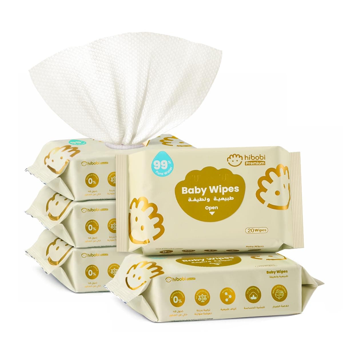Hibobi Wet Wipes Small Pack Travel, 99% Pure Water, Soft & Thick Unscented Wipes for Sensitive Skin, Travel Pack, 20 Wipes, 5 Packs