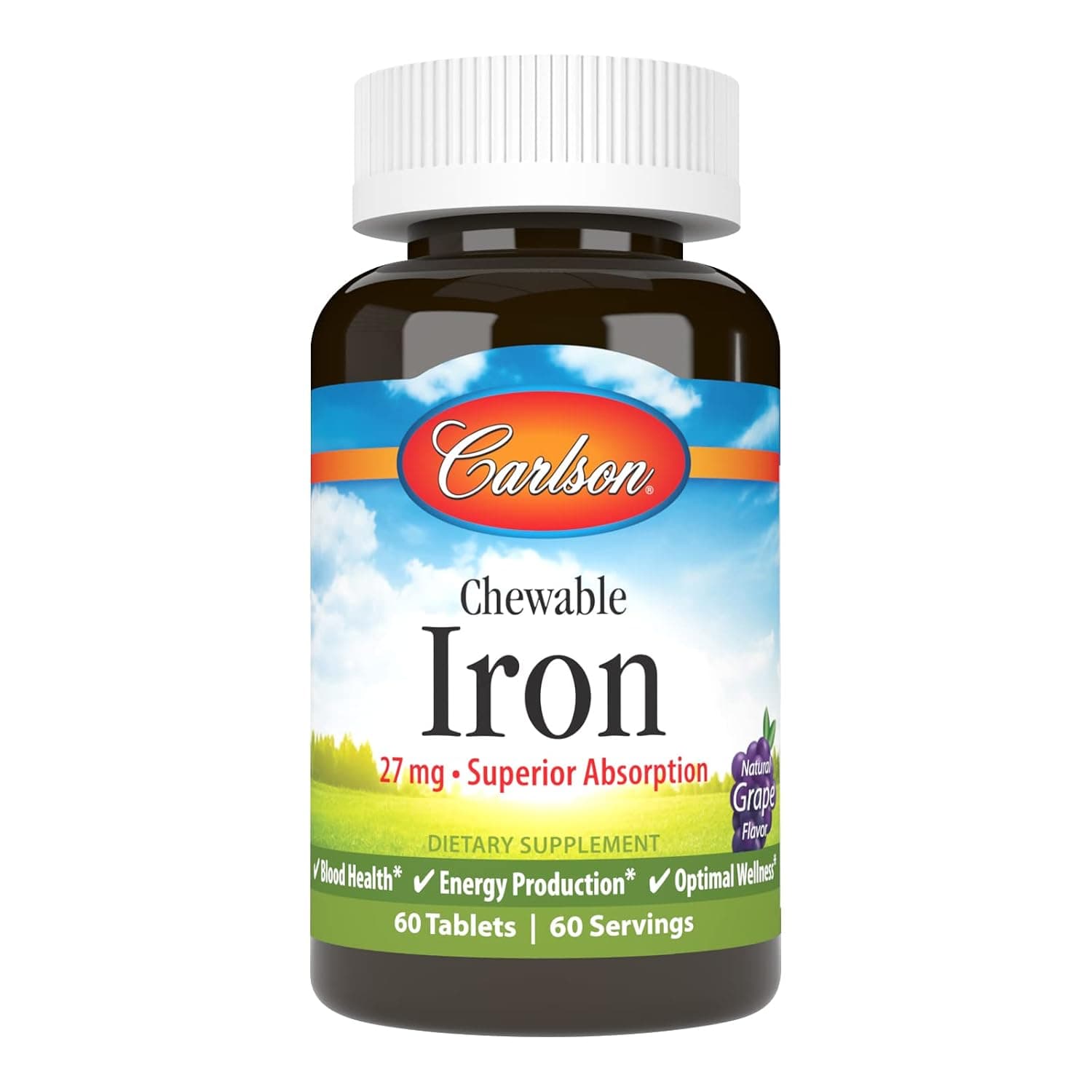 Carlson Chewable Iron, 27 mg, Superior Absorption, 60 Chewable Tablets | Grape; Energy Production; Optimal Wellness