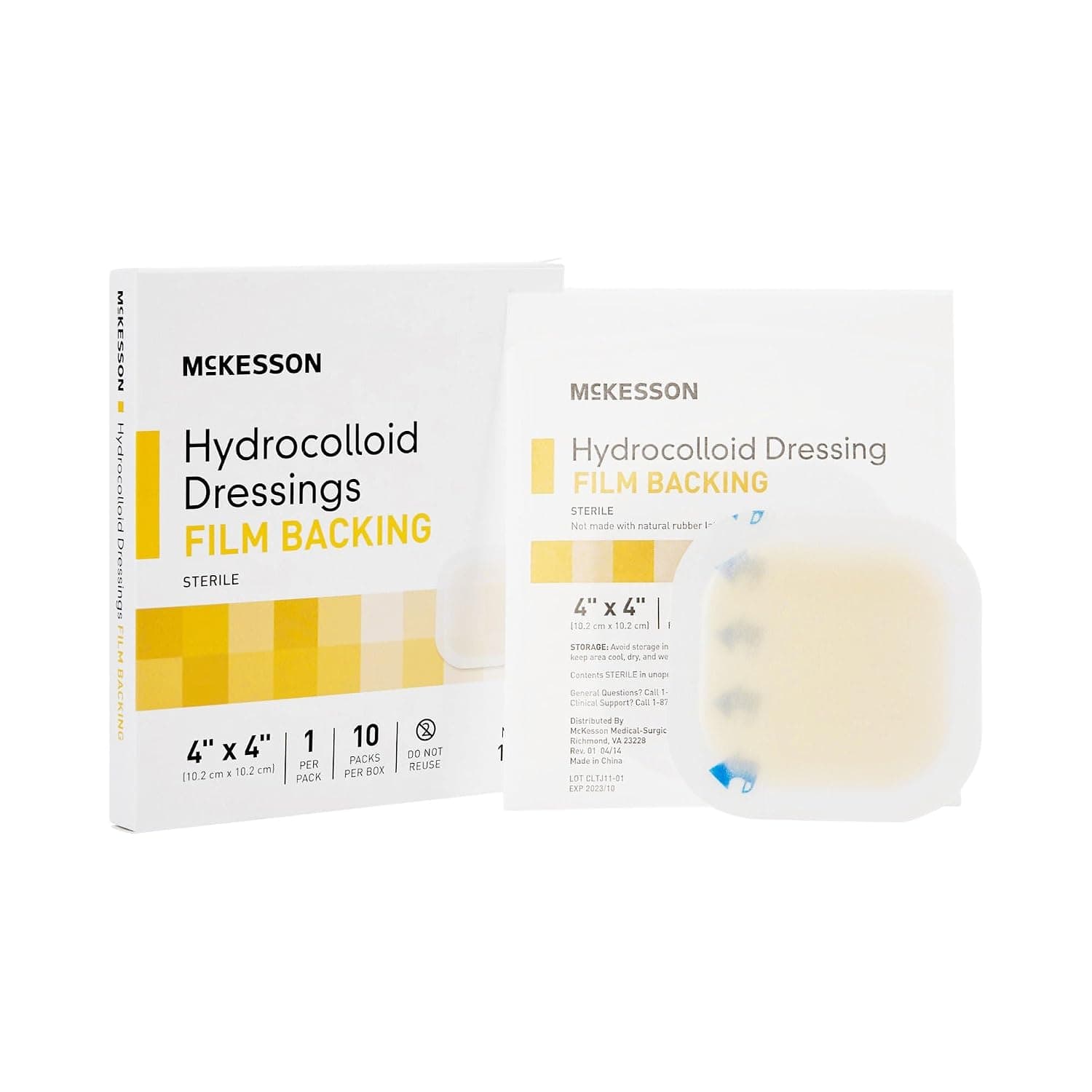 McKesson 1887 Hydrocolloid Dressing, Film Backing, Sterile, 4" Width, 4" Length (Pack of 10)
