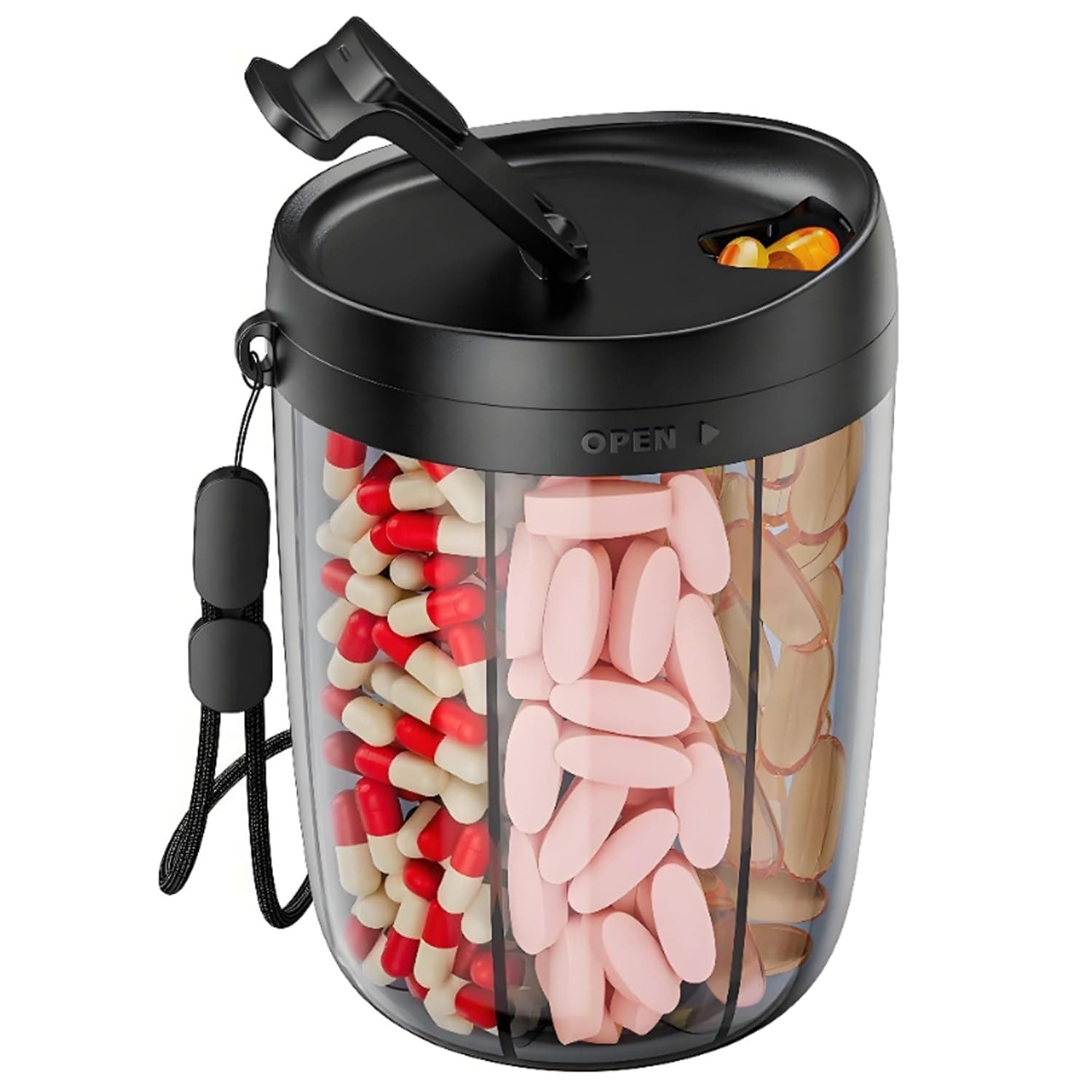 Large Pill Bottle Organizer, Supplement Organizer for Holding 6 Various Vitamins, Pill Box Case with Anti-Mixing & Wide Opening Design, Easy to Retrieve Meds