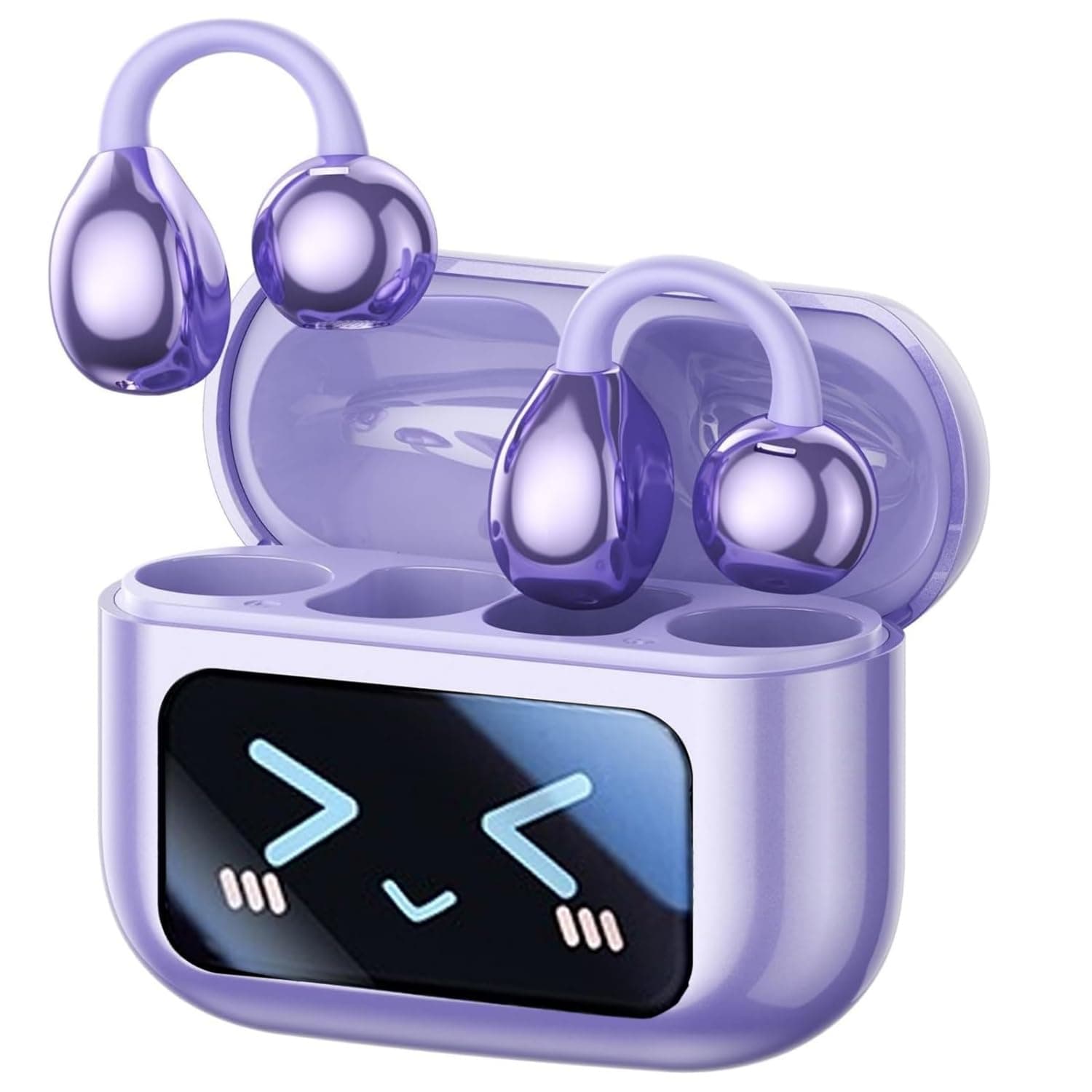 M100 Wireless Clip-On Earbuds Bluetooth 5.4, Waterproof Open-Ear Headphones with LED Touch Controls for Sports, Outdoor, Office, Running, Leisure Use, Purple