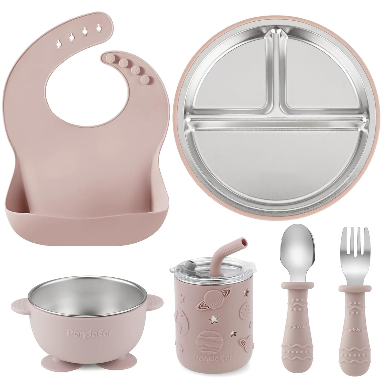 PandaEar 6-in-1 Stainless Steel Baby Feeding Set | Divided Baby Plates with Suction, Toddler Bowl, Sippy Cup with Straw, Baby Bib, Spoon & Fork | BPA-Free Toddler Weaning Set