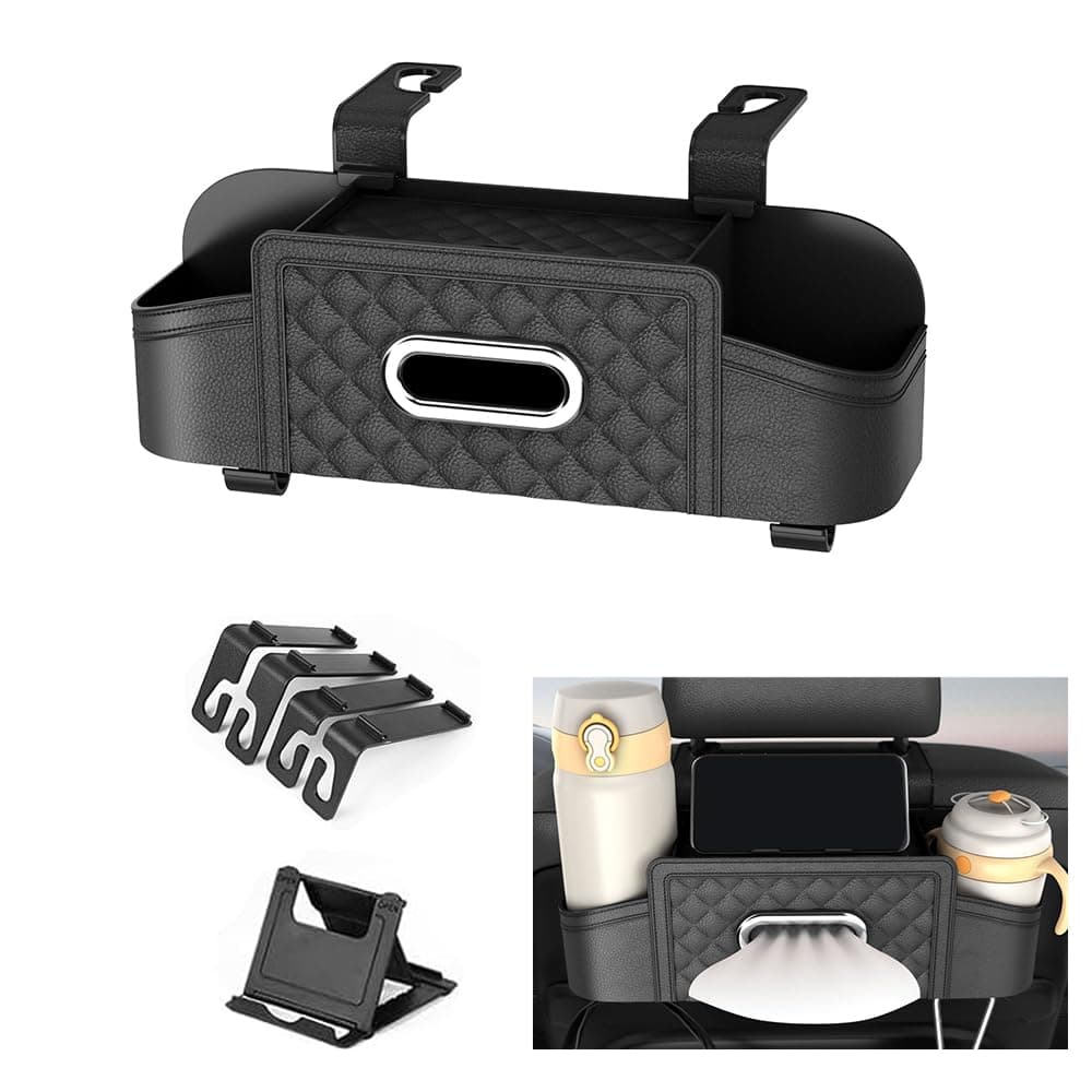 Car Back Seat Storage Box,3 in 1 Car Backseat Organizer,Car Hanging Seat Back Tissue Box with 2 Cup Holders,Vehicle Multifunctional Storage Box,Essential Travel Accessories(Black)