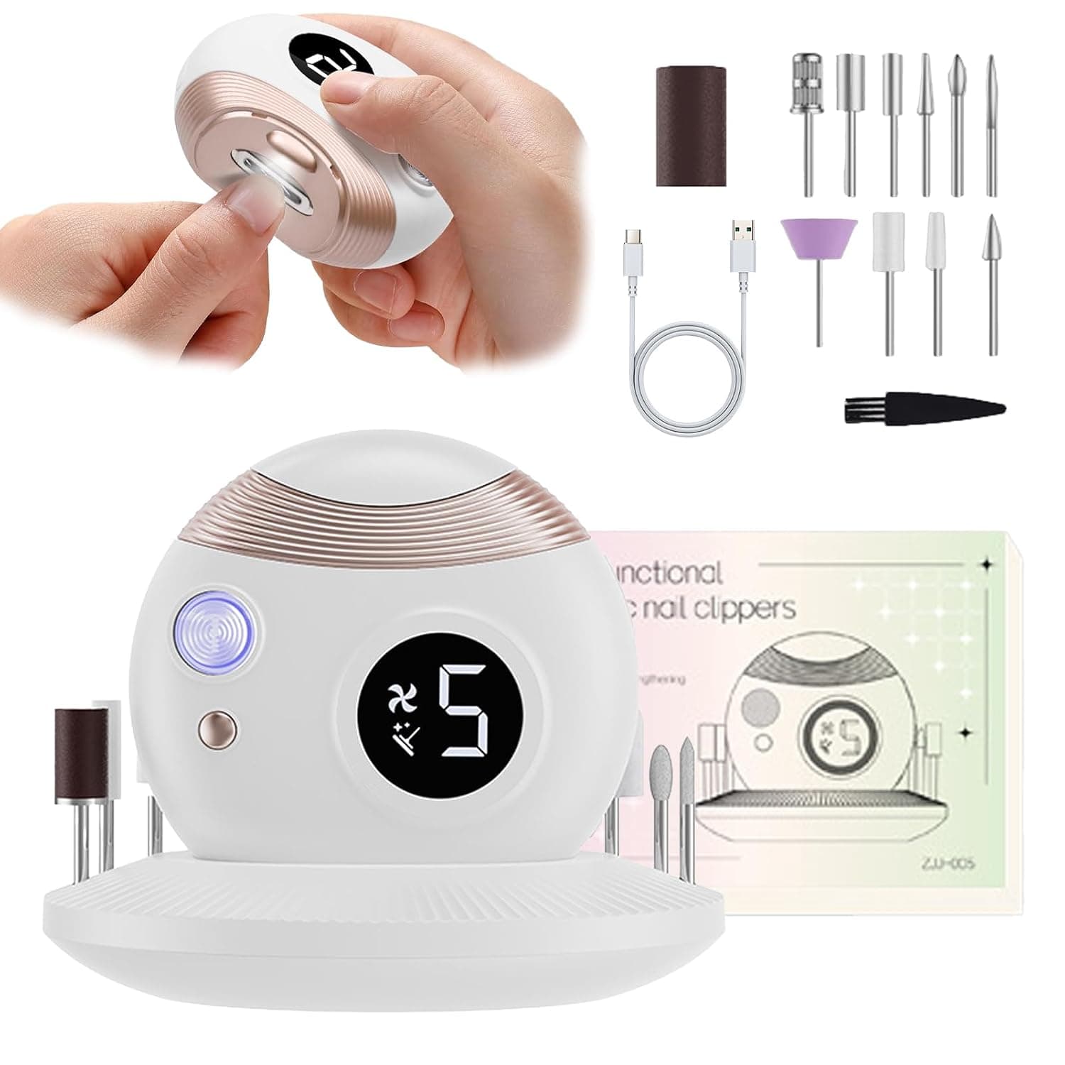 Hepiide [Upgrade] 3 in 1 Electric Nail Clippers, Electric Polishing Automatic with Nail UV lamp, Nail Clippers with Light Trimmer Nail Cutter Manicure for Baby Elderly Care Tools (White)